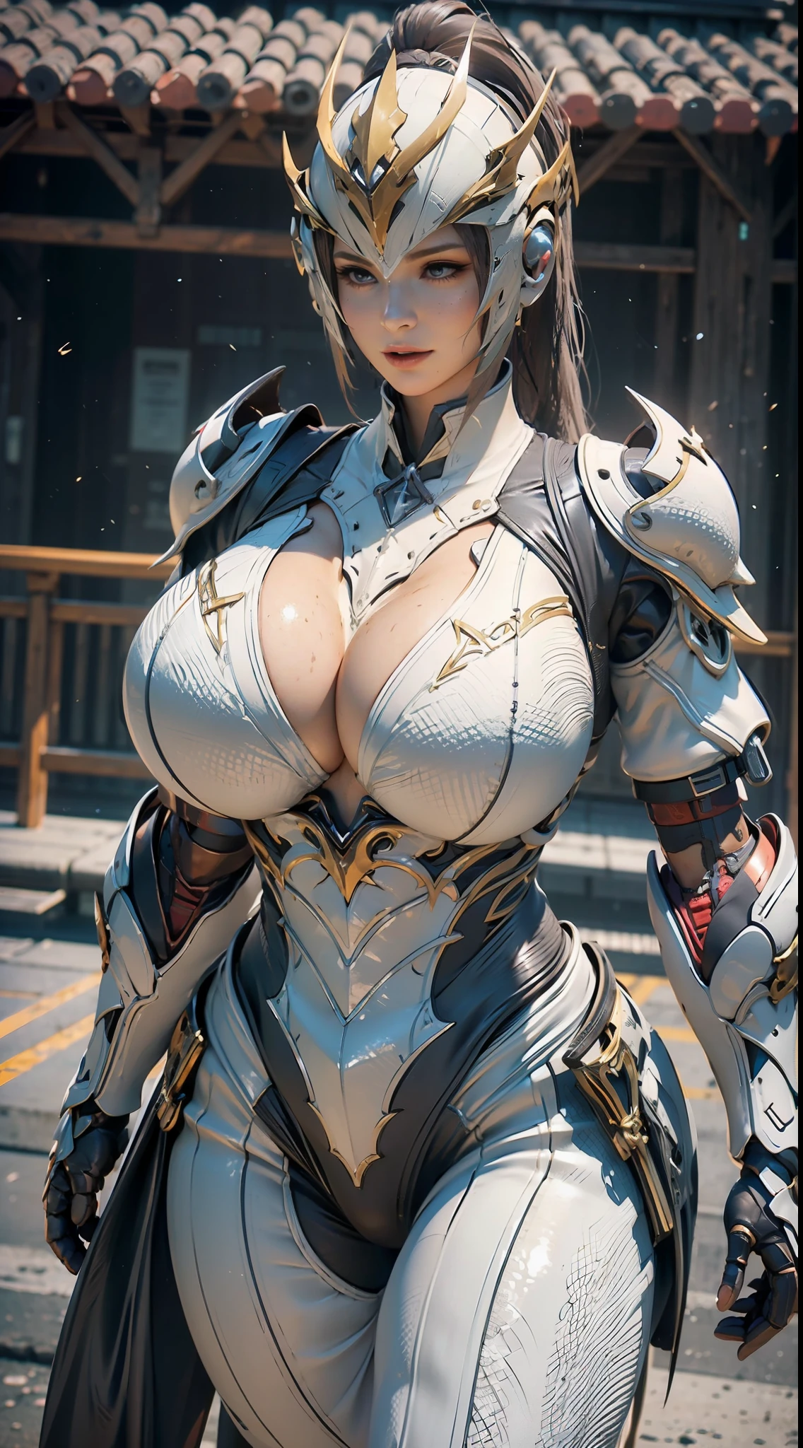 ((Unreal Engine 5)), Realistic Rendering, Excellent, (Full armor body), (Cloak), (helm), looking on camera, standing on studio, beautiful face, makeup, CGImix, (photorealism:1.2), ultrarealistic uhd face, (huge fake boobs:1.4), (gigantic breasts:1.1), (muscle abs), (big butt), (wide hips), (thick thighs), slim waist, hourglass figure, half body, ((glowing skin)), ((shiny skin)), Realistic body, ((she is sexy body)), ((clean skin)), photorealistic, bokeh, motion blur, masterpiece, highres, 1080P, super detail, textured skin.