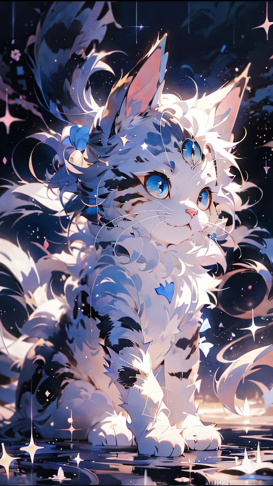 Anime cat with blue eyes and stars in background， anime cat， Cute cat of anime visual， Realistic anime cats， Lovely detailed digital art， Anime art wallpaper 4 K， Anime art wallpaper 4k， Very, very beautiful furry art， beautiful anime catgirl， Very beautiful anime cat girl， 4 k comic wallpaper， cute anime catgirl， Anime art wallpaper 8 K，white stockings，Cat girl