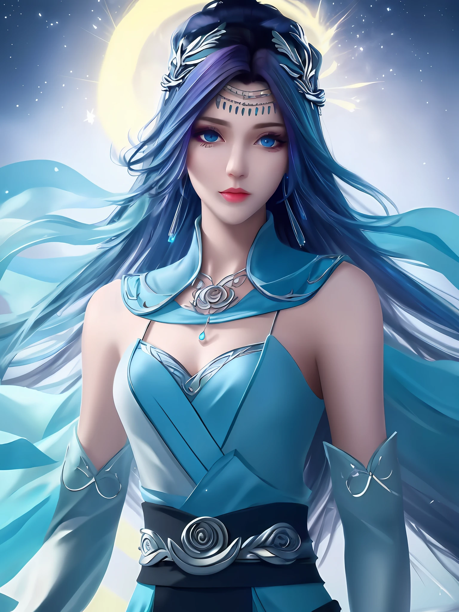 best quality, mastery, detailed hair, highres, (((yunyun))) ,necklace, hair ornament, (Beautiful face), blue dress, looking at viewer, blue hair, standing, (Above the waist)black color hair