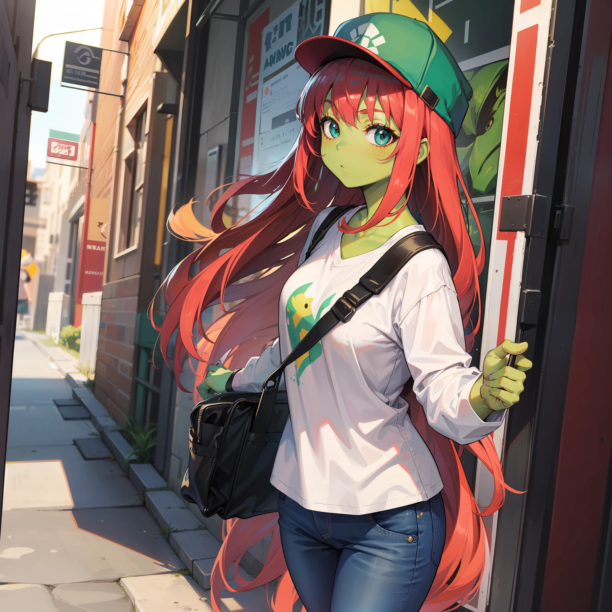 Girl with green skin,Wear jeans,redheadwear,