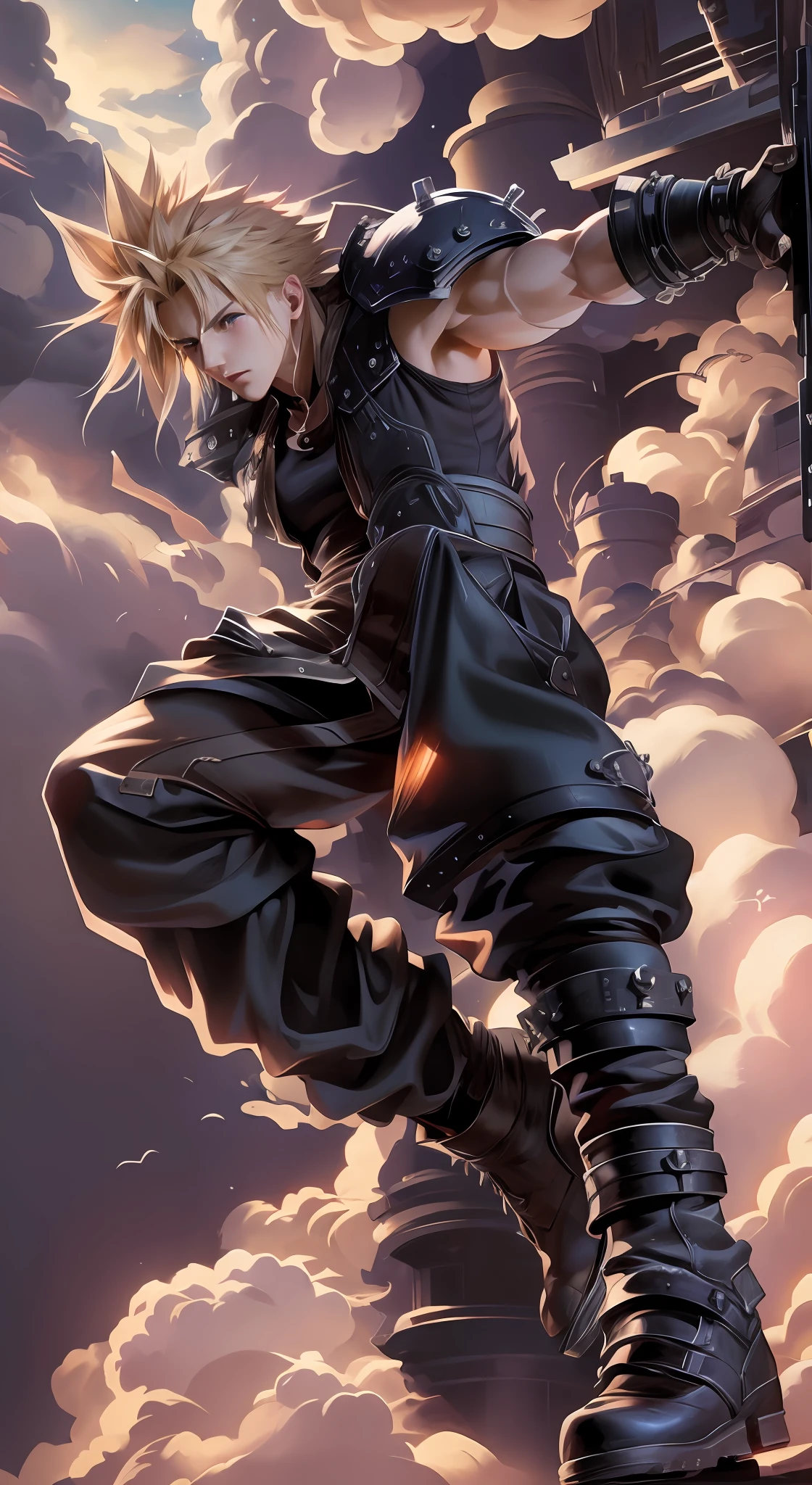cloud from final fantasy vii in jump pose with modern architecture background ,,masterpiece, best quality, (extremely detailed CG unity 8k wallpaper), (best quality), (best illustration), (best shadow), absurdres, realistic lighting, (Abyss), beautifully detailed glow,anime - style image of a young man in a full outfit jumping in the air, cloud strife, art style of dark cloud 2, from ff7, final fantasy fan art, portrait of cloud strife, from final fantasy vii, cloud, anime epic artwork, epic anime style, badass anime 8 k, ff 7, cushart kenz, anime wallpaper
