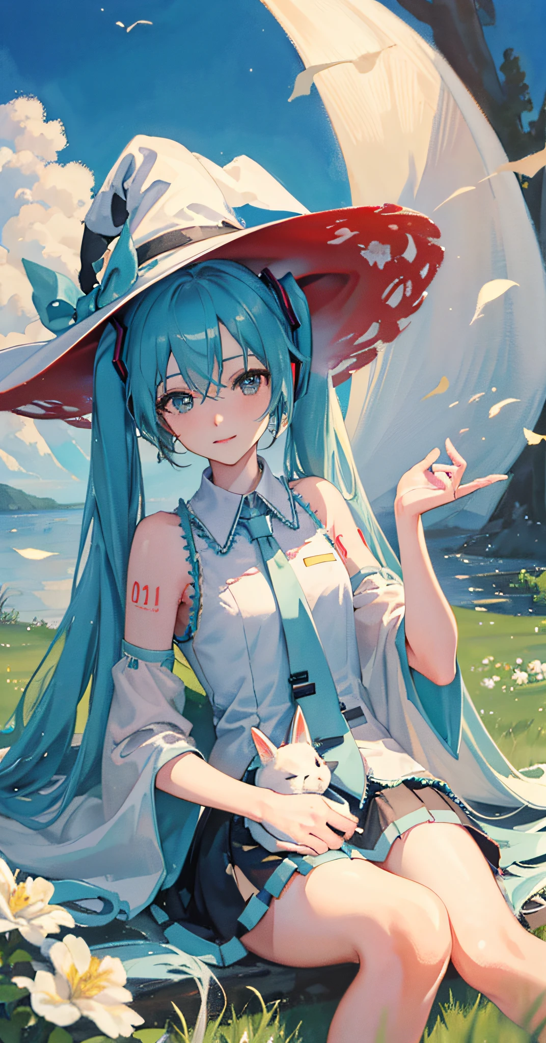 White gloves，delicate leg。(watercolor:1.2,oil painting:1.2),masterpiece, best quality,({highres}, original, extremely detailed 8K wallpaper,dream), wide shot,profile,(1 girl, (hatsune miku), witch, Witch_hat), fairy, cute, lovely, cheerful,warm,fairy tale,beautiful and detailed face and eyes, crown,gorgeous,stars, sky, sitting on grass,flower,rabbit.