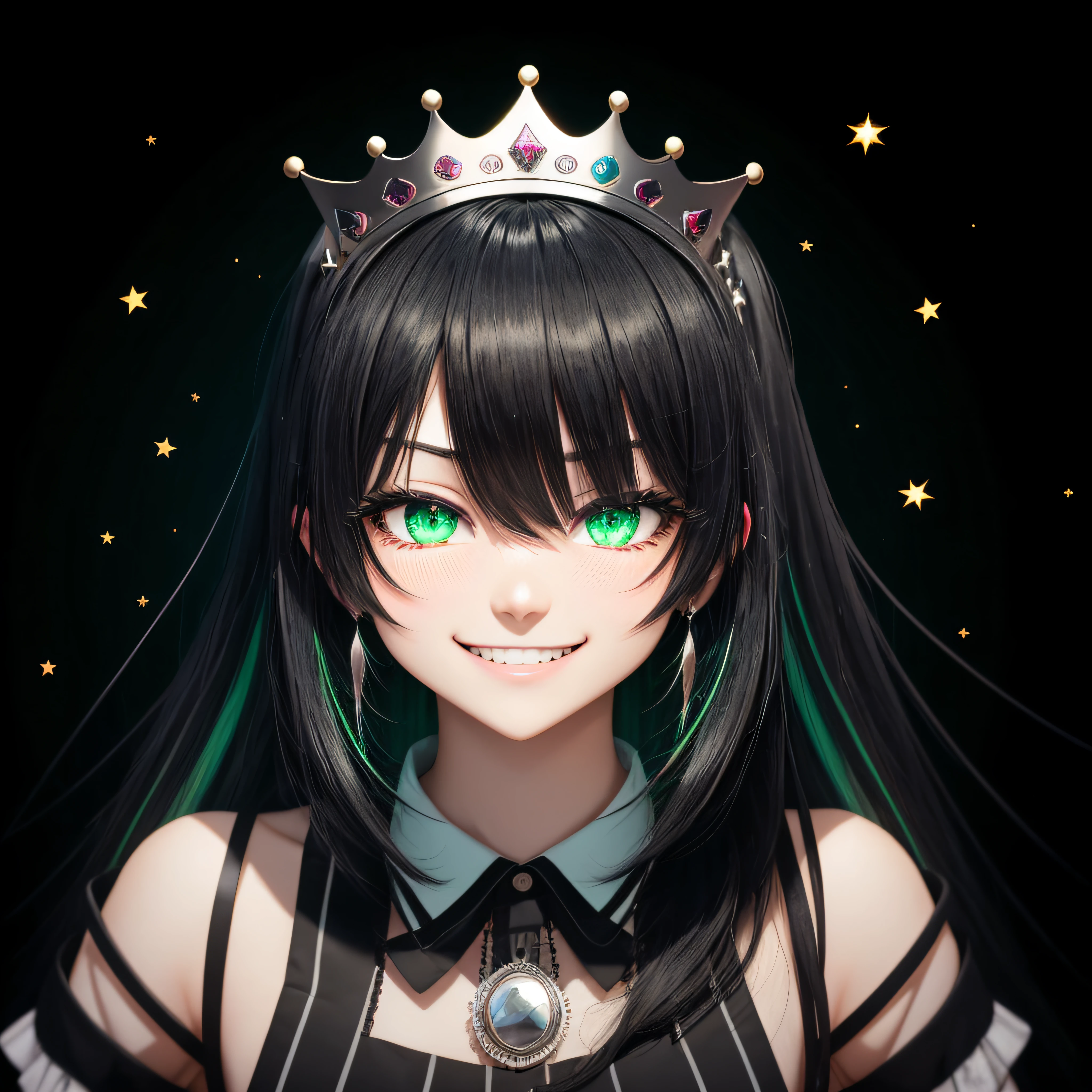 Black hair, Striped hair, Green hair, long eyelasher, Ear blush, Fang, Asymmetrical hair, Long hair, Parted bangs, hair slicked back, Medium hair, crown, Empty eyes, grin, Reflectors, shadowing, stereograms, angle of view, fish eye, Award-Awarded, hyper HD, excited, moaning, smiley, glint, laughing, surrealism, anaglyph, tachi-e, Atmospheric perspective, High detail, multiple monochrome, Sparkle, Depth of field, Wide-angle, f/2.8, outside border, 8K, Super detail, ccurate, Best quality, High details, High quality, Textured skin --auto
