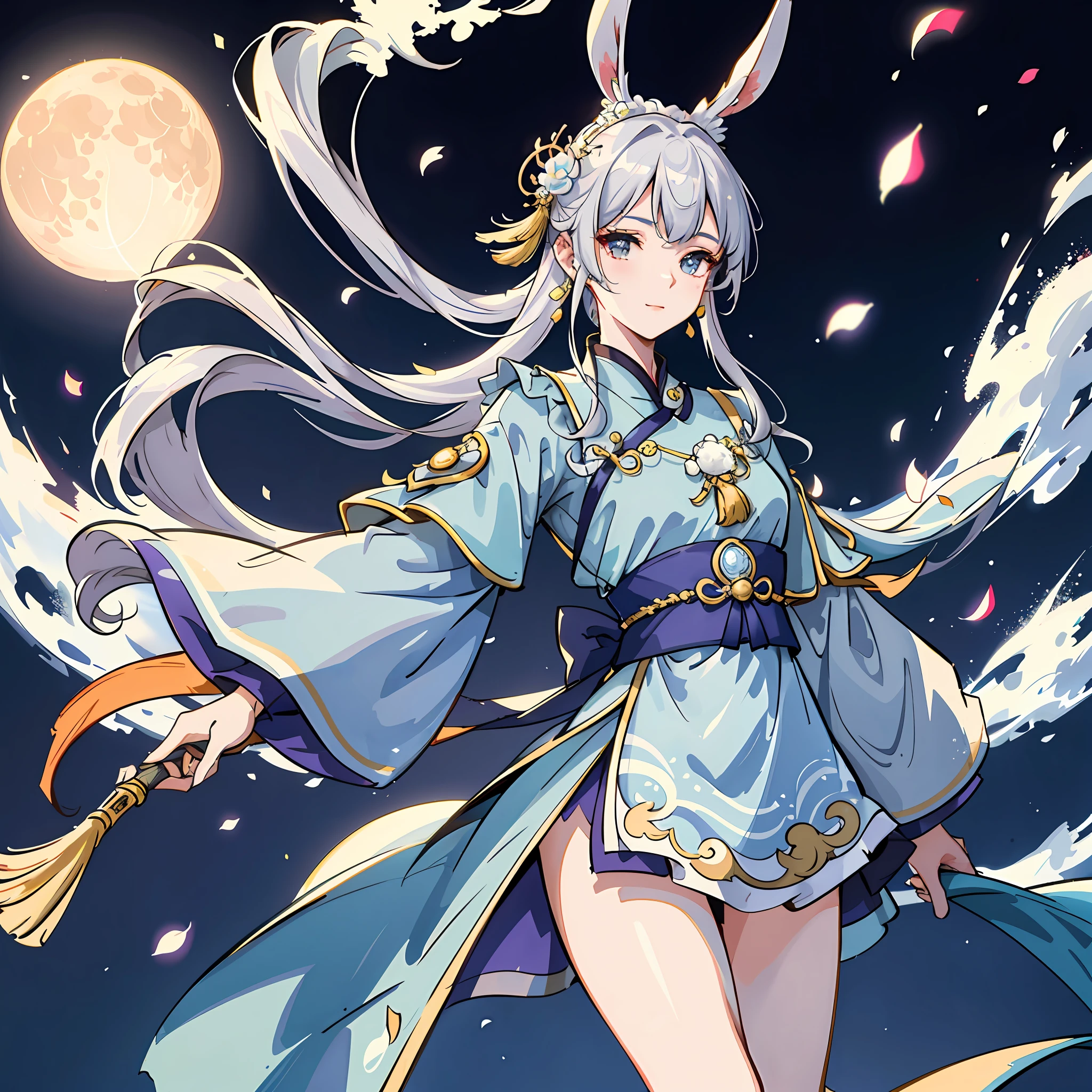 Kizi，silber hair，Rabbit ears，ssmile，period costume，The upper part of the body，The moon in the sky，As estrelas，Need，tmasterpiece，Delicate and agile eyes，Intricate damask hanfu，Gorgeous accessories，Wearing pearl earrings，fov，f/1.8，tmasterpiece，Ancient Chinese architecture，blue-sky，Petals flying，Frontal portrait shot，Chang'e，Side lighting，The sun shines on people，8K