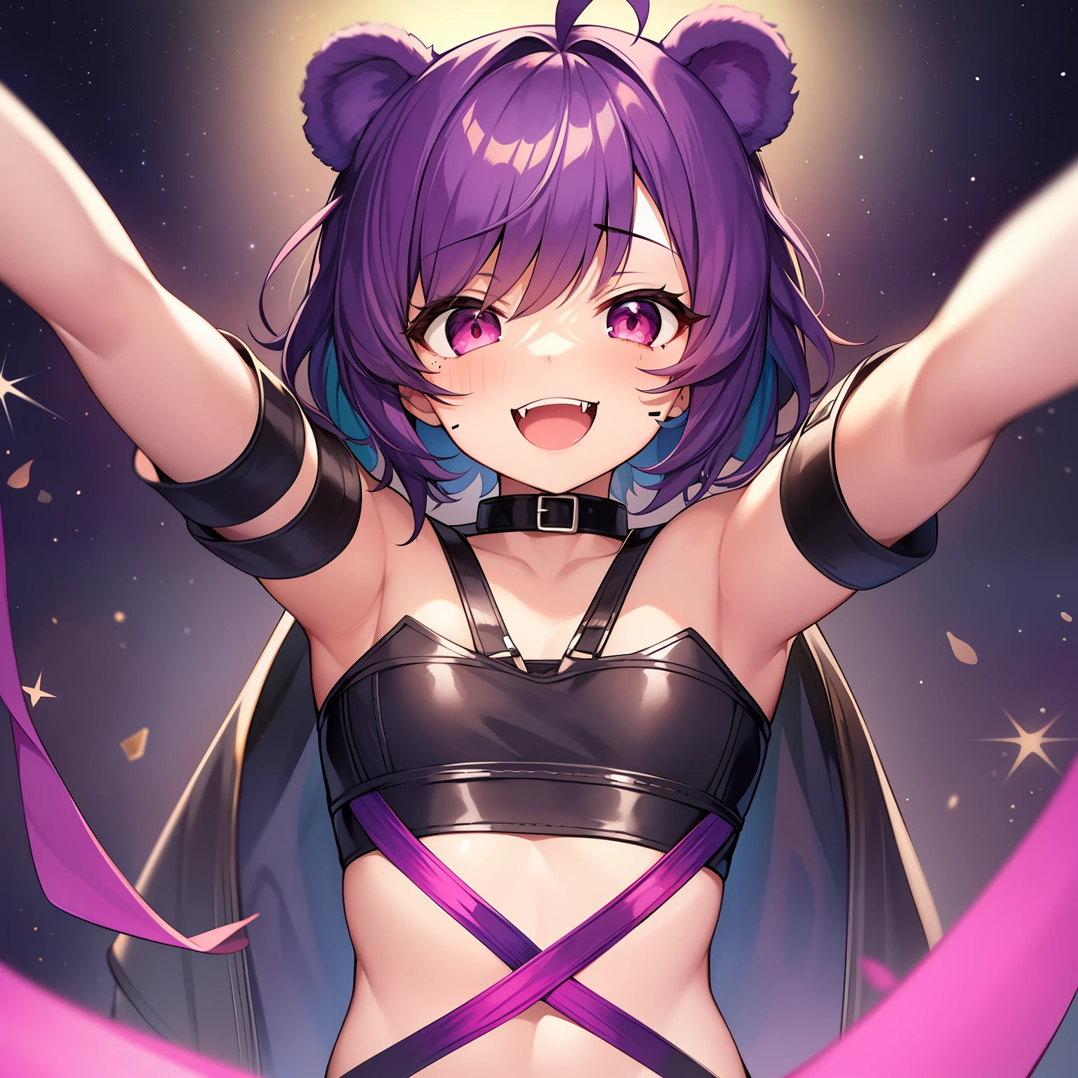 1girl, solo, animal ears, pose, happy, smiling, fangs, purple bear ears, purple hair, looking at viewer, ahoge, bangs, short hair, original character, pink eyes, magenta eyes, red eyes, multicolor eyes, short hair, wavy hair, swept bangs, small breasts, flat chest, bear ears, tired, sleepy, bags under eyes, beauty mark, young, li, short eyebrows, stars, pose, hugging viewer, reaching towards viewer, reaching, outstretched arms, carry me