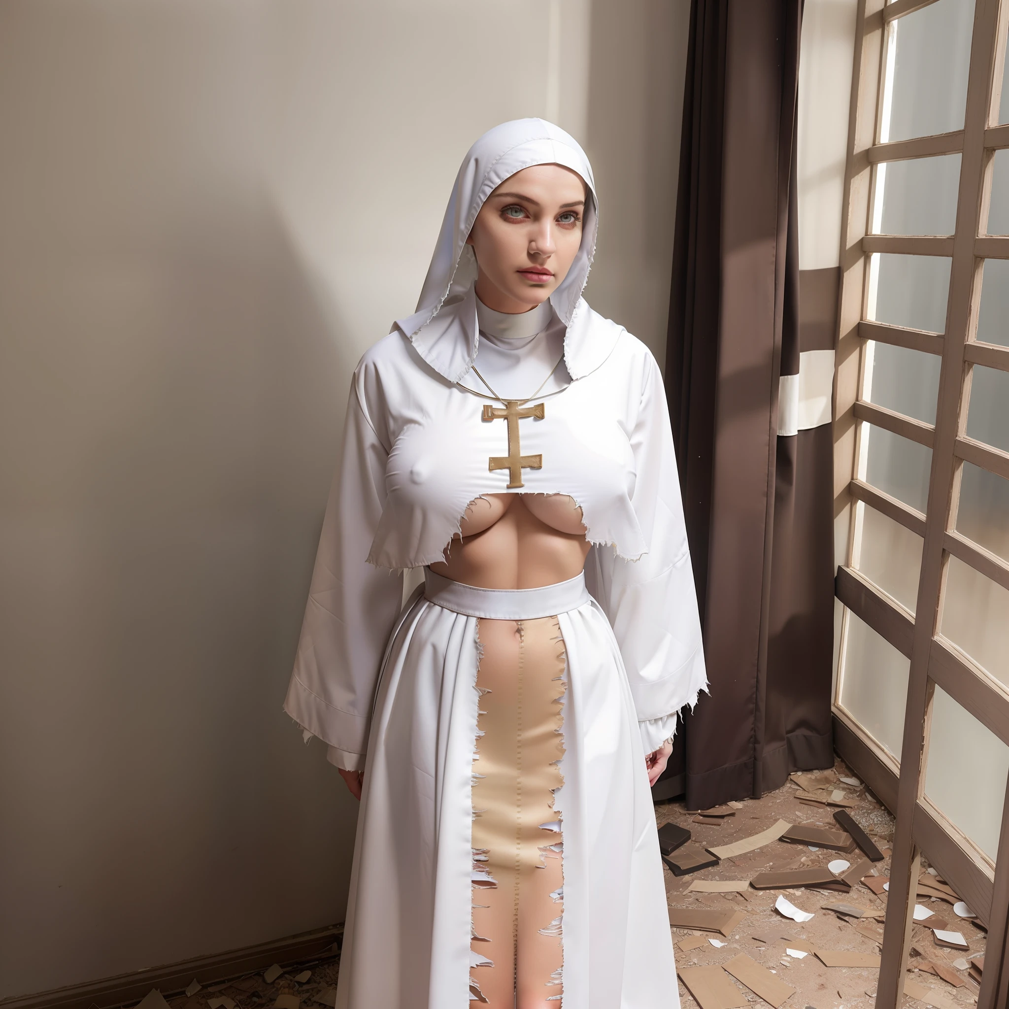 top-quality, masutepiece, 36K, very high res, hyper realistic photography, 1girl in, perfect human shape, (((outfit: torn, Christian nun attire, White Nun Hood,))), Portrait, hyperdetailed face, ultra realistic textures, ((dark circles under the eyes, Messy confession room)), Abandoned and awkward monastery), (((Full body shot, whole room view))), Exposed massive breasts,