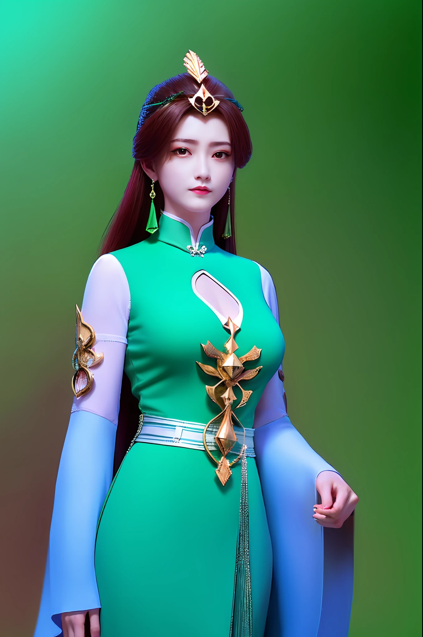 （Liu Shen），1girll，（tmasterpiece），（best qualtiy），（hyper-detailing），（A high resolution），hoang lap，Ultra-realistic 4k CG，delicate patterns，Complicated details，best illuminate，best shadow，Natural lighting，depth of fields，bblurry，1girll，独奏，medium_breasts，choker necklace，耳Nipple Ring，jewely，（（brunette color hair：1.2））， 独奏， 耳Nipple Ring， long whitr hair， choker necklace，ssmile， hair adornments， shiny skins，（cowboy lens）， （White Chinese dress with green lines，Floating hair）， Full body photo，Background space starry sky