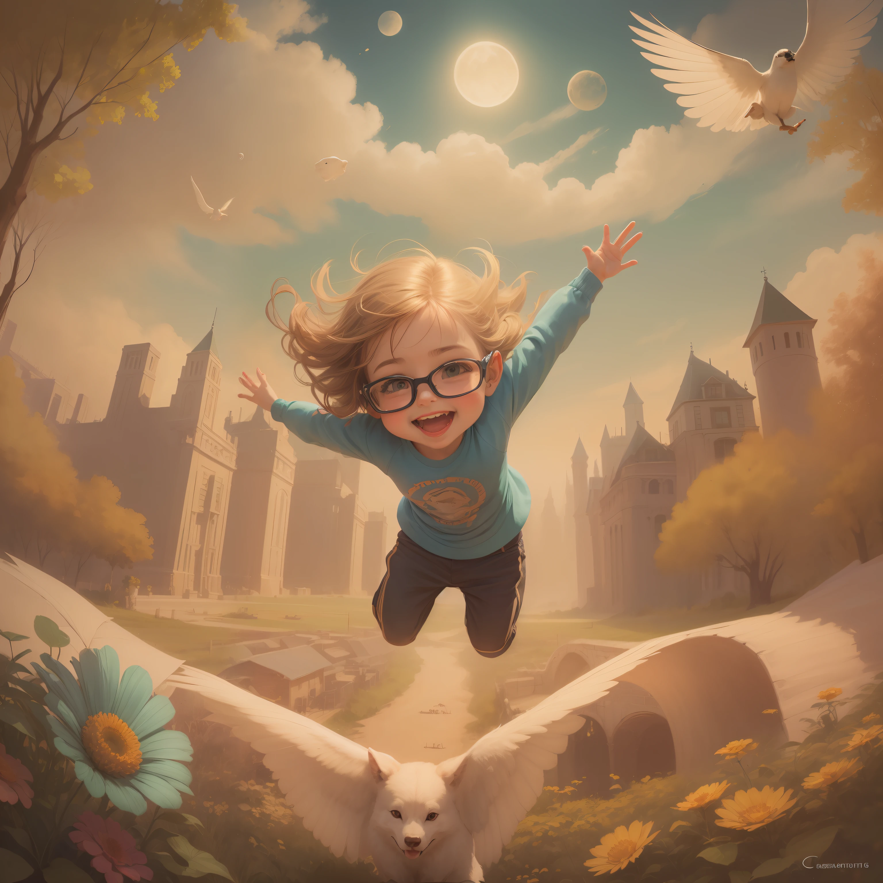 Desenho 8k, super realista, obra prima, melhor qualida, volumeric lighting, estilo cartoon em formato 16:9: Portray a chubby child wearing glasses with a beaming smile, com sardas no rosto e cabelos coloridos em tons vibrantes, symbolizing joy and imagination. The scene should include a magical landscape with playful elements, with everything a child dreams of being, coisas de futebolista, Superheroíne, ator, astronauta, piloto, no meio de nuvens fofas, colorful flowers and fantastic creatures. No centro do desenho, Enter the title "Nunca Deixes de Sonhar!" em letras cativantes e divertidas, combinando com o estilo cartoon. Use vibrant colors and soft strokes to create a sense of movement and fun. The drawing should convey an inspiring message about the importance of believing in dreams and the infinite possibilities of life.