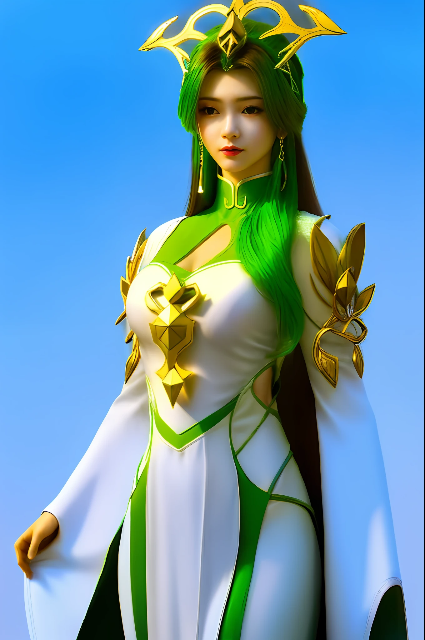 (Liu Shen),1girll,(tmasterpiece),(best qualtiy),(hyper-detailing),(A high resolution),hoang lap,Ultra-realistic 4k CG,delicate patterns,Complicated details,best illuminate,best shadow,Natural lighting,depth of fields,bblurry,1girll,独奏,medium_breasts,choker necklace,耳Nipple Ring,jewely,((brunette color hair:1.2)), 独奏, 耳Nipple Ring, long whitr hair, choker necklace,ssmile, hair adornments, shiny skins,(cowboy lens), (White Chinese dress with green lines,Floating hair), Full body photo,Background space starry sky