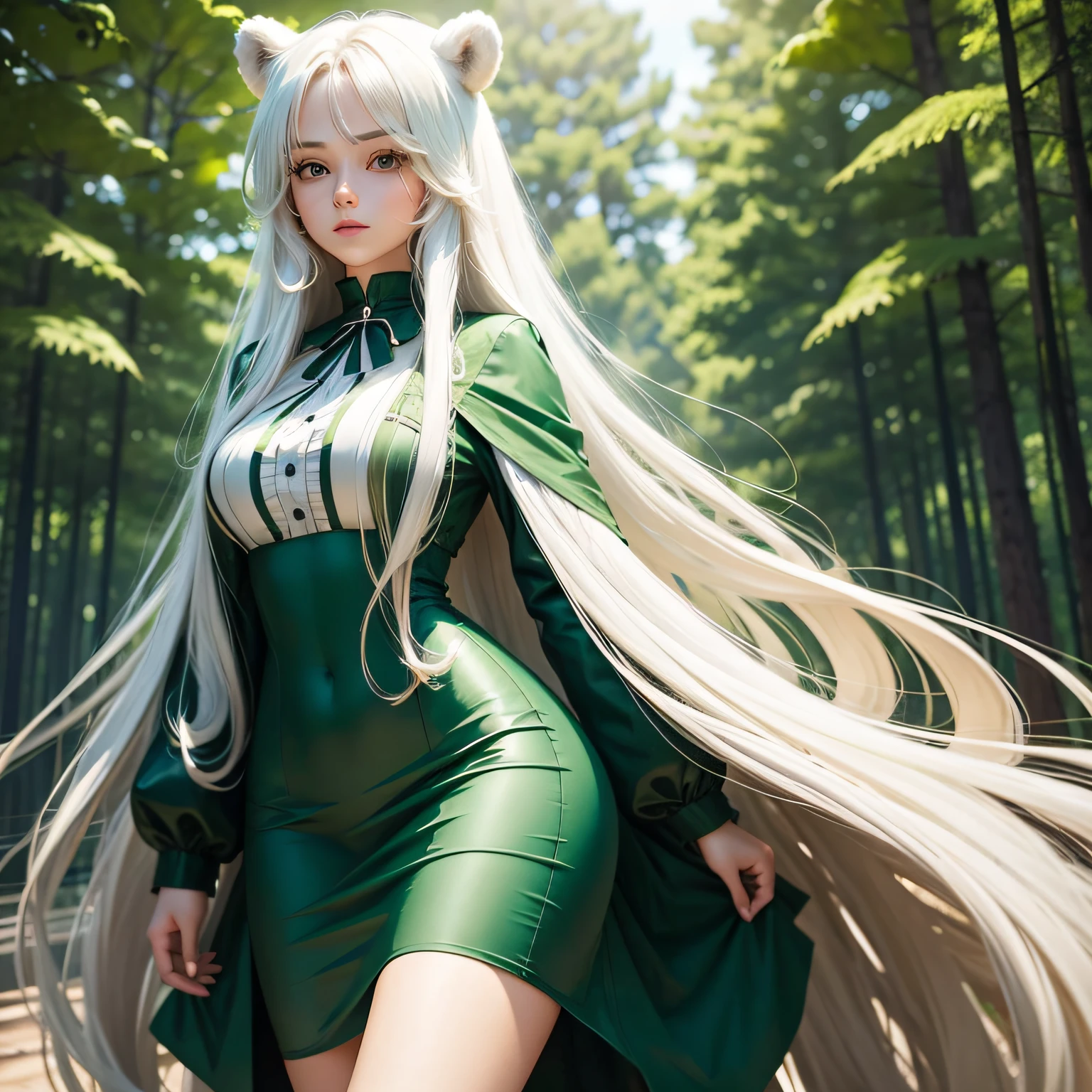 long whitr hair,Beautuful Women,Green background,Cool clothes,There is a bear next to it --auto