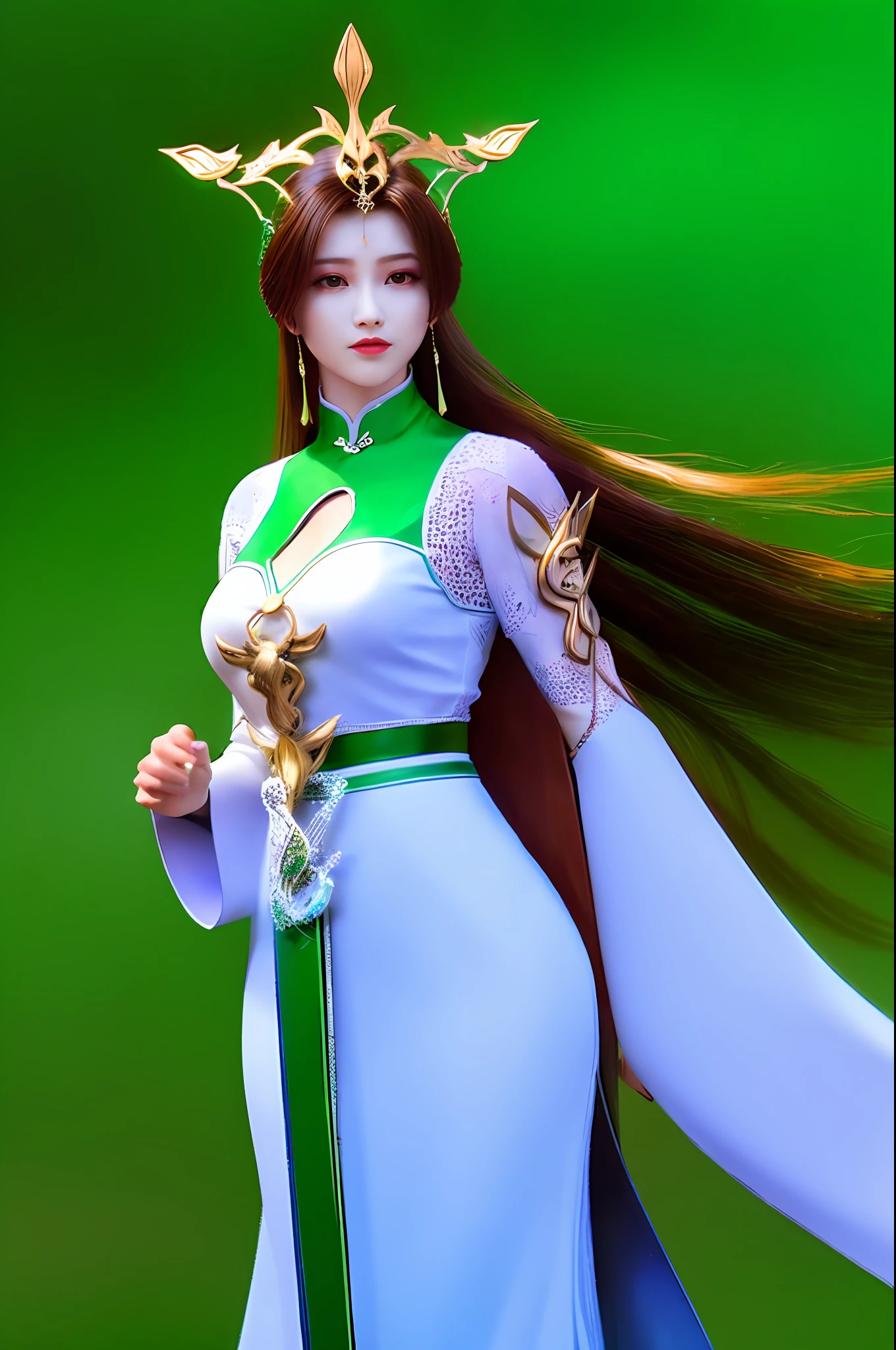 （Liu Shen），1girll，（tmasterpiece），（best qualtiy），（hyper-detailing），（A high resolution），hoang lap，Ultra-realistic 4k CG，delicate patterns，Complicated details，best illuminate，best shadow，Natural lighting，depth of fields，bblurry，1girll，独奏，medium_breasts，choker necklace，耳Nipple Ring，jewely，（（brunette color hair：1.2））， 独奏， 耳Nipple Ring， long whitr hair， choker necklace，ssmile， hair adornments， shiny skins，（cowboy lens）， （White Chinese dress with green lines，Floating hair）， Full body photo，Background space starry sky