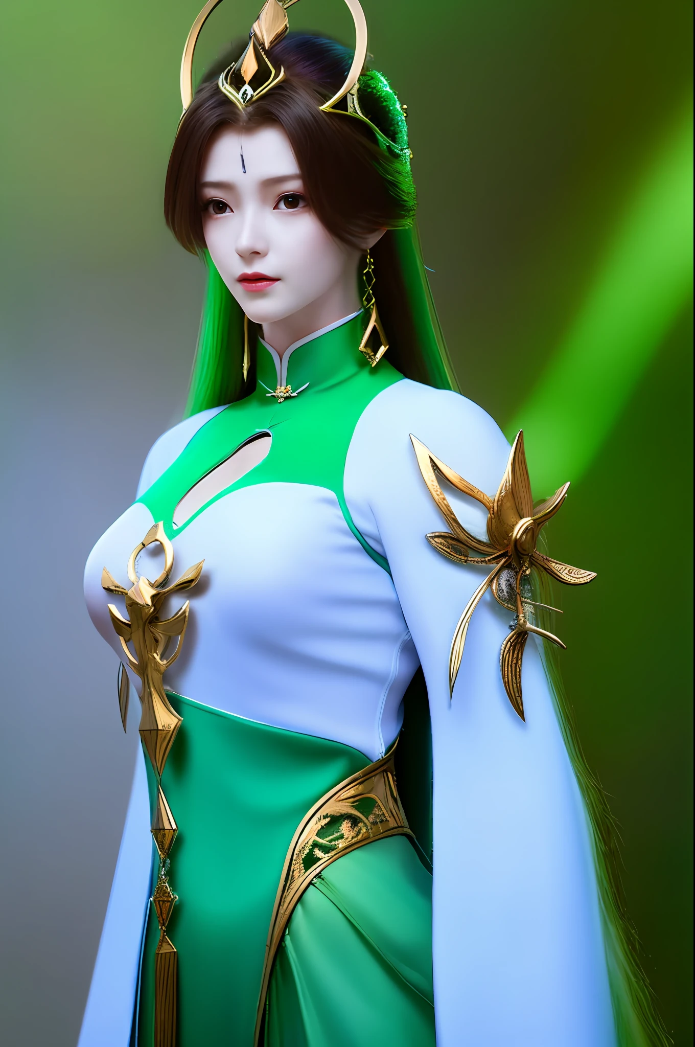 (Liu Shen),1girll,(tmasterpiece),(best qualtiy),(hyper-detailing),(A high resolution),hoang lap,Ultra-realistic 4k CG,delicate patterns,Complicated details,best illuminate,best shadow,Natural lighting,depth of fields,bblurry,1girll,独奏,medium_breasts,choker necklace,耳?????? Ring,jewely,((brunette color hair:1.2)), 独奏, 耳?????? Ring, long whitr hair, choker necklace,ssmile, hair adornments, shiny skins,(cowboy lens), (White Chinese dress with green lines,Floating hair), Full body photo,Background space starry sky