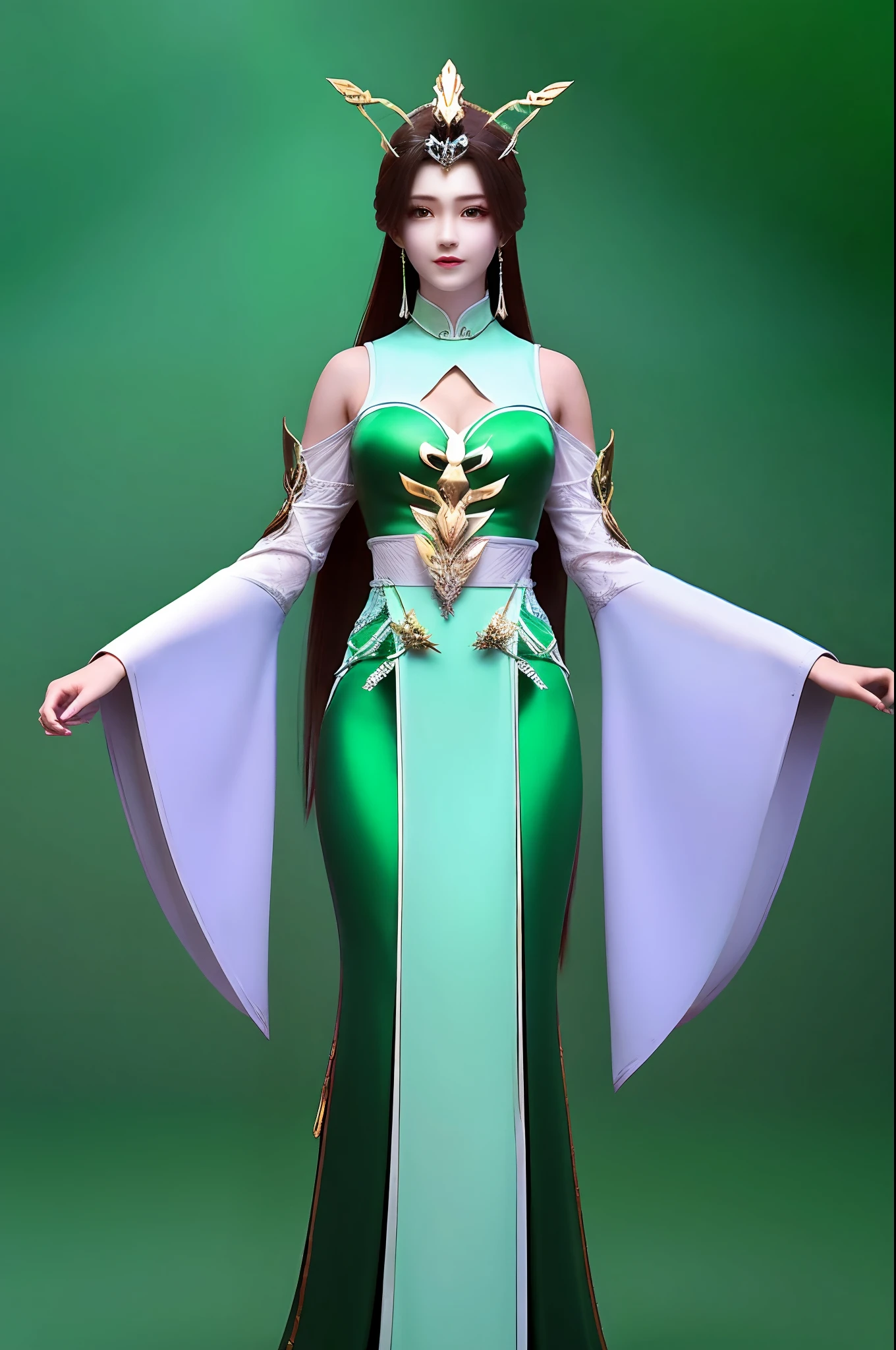 (Liu Shen),1girll,(tmasterpiece),(best qualtiy),(Hyper-detailing),(A high resolution),hoang lap,Ultra-realistic 4k CG,delicate patterns,Complicated details,best illuminate,Best shadow,Natural lighting,depth of fields,bblurry,1girll,独奏,mediating_Breasts,choker necklace,耳Nipple Ring,jewely,((brunette color hair:1.2)), 独奏, 耳Nipple Ring, long whitr hair, choker necklace,ssmile, hair adornments, shiny skins,(cowboy lens), (White chinese dress,green line,Floating hair), Full body photo,Background space starry sky