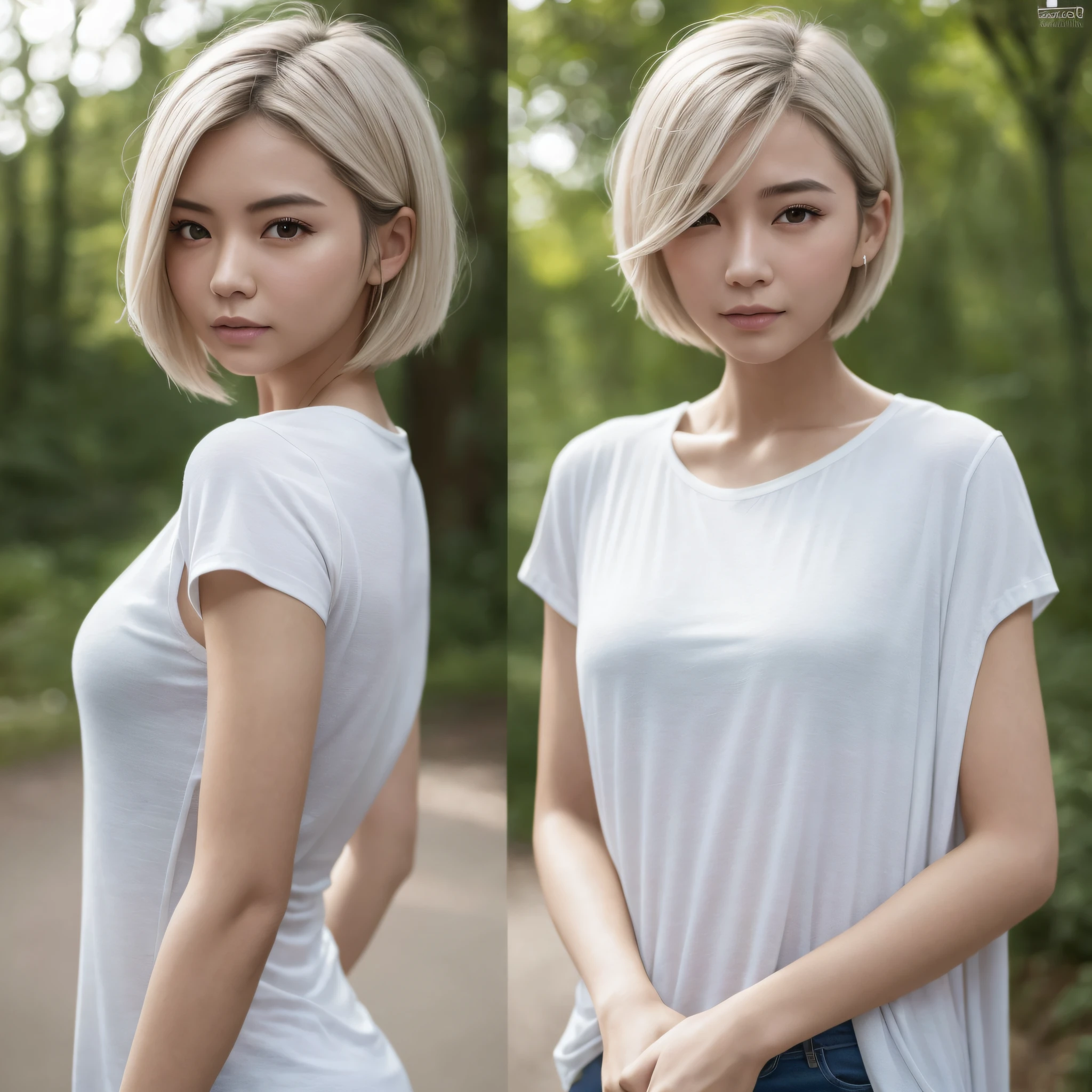(photograph realistic:1.4), (Ultra photo realsisim:1.4), (realisticlying:1.3), (Smoother lighting:1.05), (increase cinematic lighting quality:0.9), 32K, 1girll,20岁女孩,with short white hair,Asian people,realistic illumination,The light from the back window is backlighted,light in face,Ray traching,(Brighten light:1.2),(enchanced quality:1.4), (Best quality real textured skin:1.4),Fine Detailed Eyes,finerly detailed face,finely quality eyes, (fatigue, lethargy, Satisfaction:0.0),closeup of face,tee shirt, (Increased Body Line Mood:1.1),(Increases skin texture and beauty:1.1),with short white hair,femele,ln the forest,Hanfu