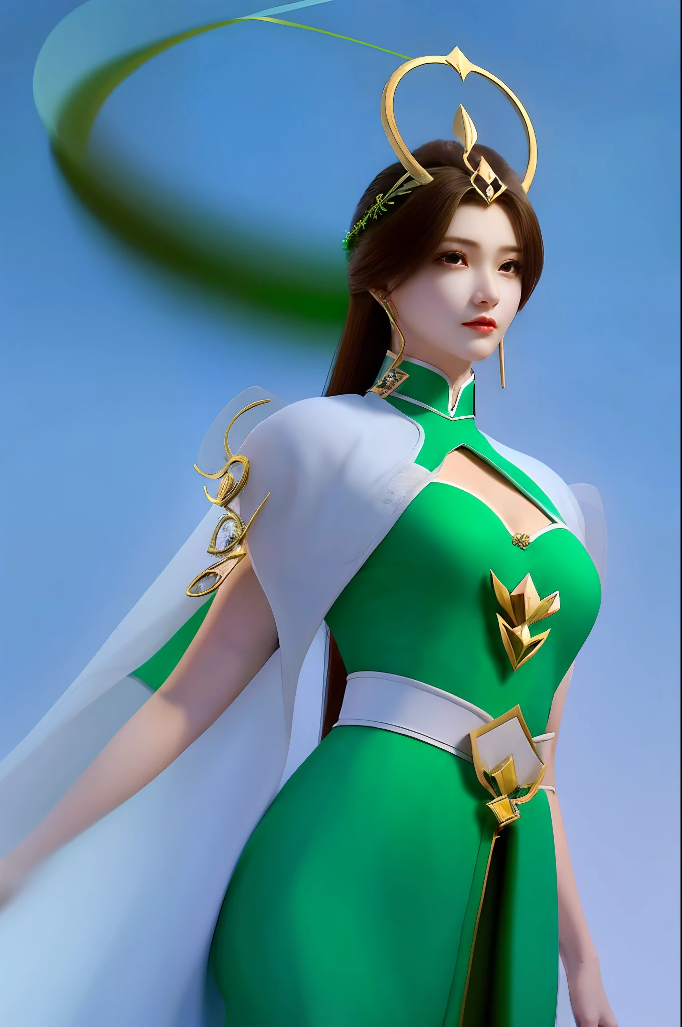 （Liu Shen），1girll，（tmasterpiece），（best qualtiy），（Hyper-detailing），（A high resolution），hoang lap，Ultra-realistic 4k CG，delicate patterns，Complicated details，best illuminate，Best shadow，Natural lighting，depth of fields，bblurry，1girll，独奏，mediating_Breasts，choker necklace，耳Nipple Ring，jewely，（（brunette color hair：1.2））， 独奏， 耳Nipple Ring， long whitr hair， choker necklace，ssmile， hair adornments， shiny skins，（cowboy lens）， （White chinese dress，green line，Floating hair）， Full body photo，Background space starry sky