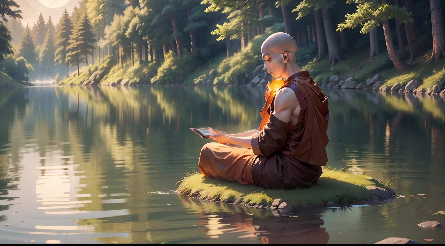 Buddhist monk meditating by a tranquil lake, Reflections of the full moon in the serene water, surrounded by tall trees and mysterious shadows, creating a mystical and contemplative atmosphere, illustration, Pontylhism technique, --ar 9:16 --v 5.