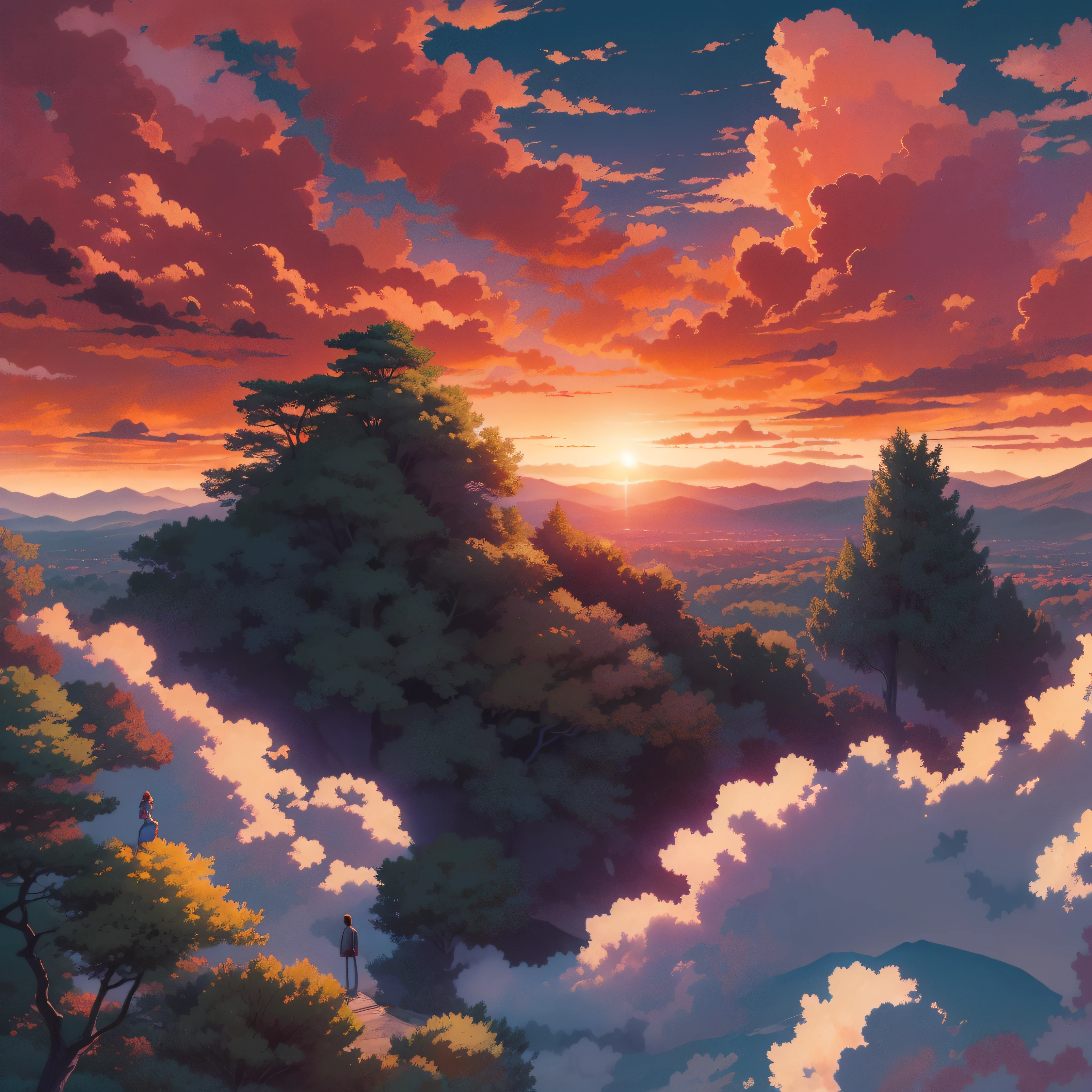 animesque、Skyscape with clouds、Red sunset sky、Deities々Shikai、mont、forest、You can see the touch of the brush、no human figures、Studio Ghibli、Ghibli、a sultry、Scenery、Style、The light is sparkling、sky line