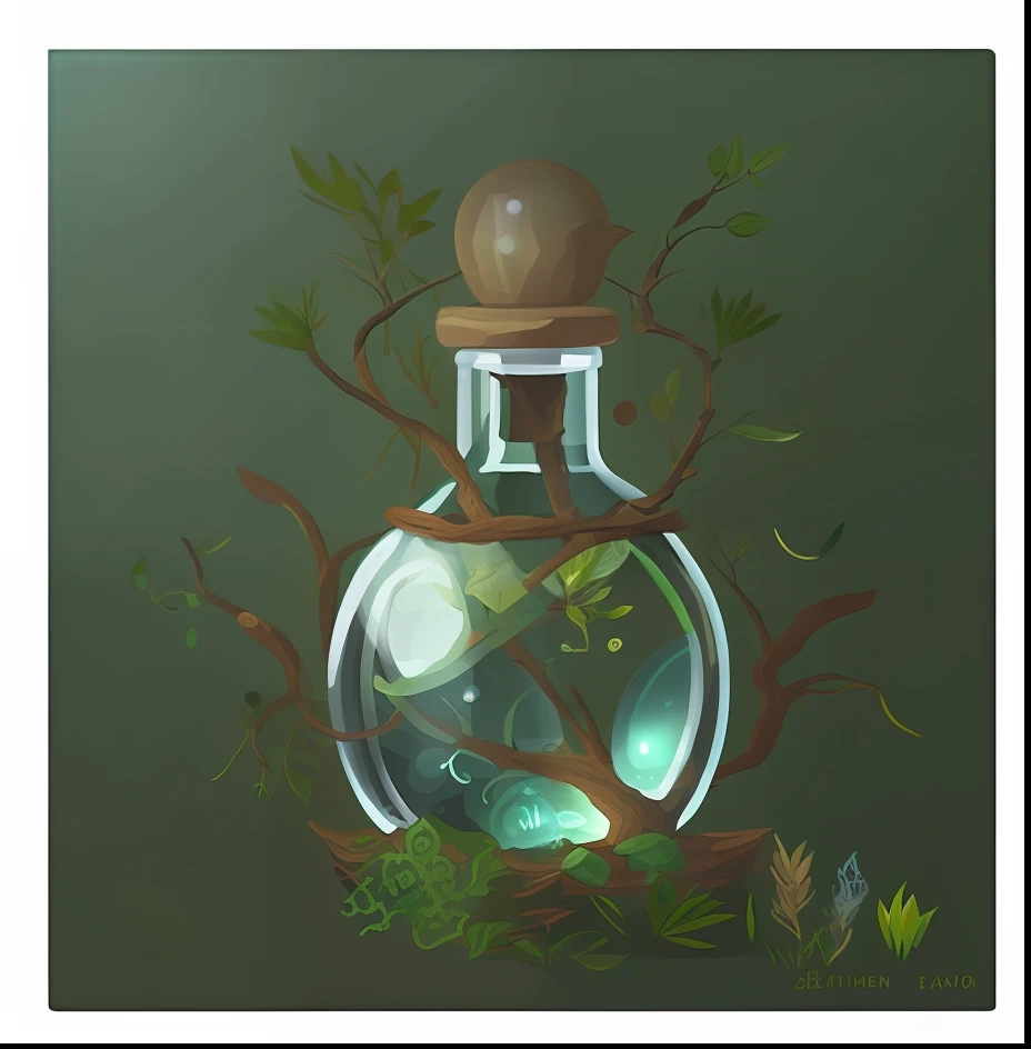 painting of a bottle with a tree inside, potion, painting a potion, graphic of enchanted terrarium, potion, plant spirit, magical potions, a wizard's apothecary, spirit of the forest dwells, alchemical still, casting a spell on a potion