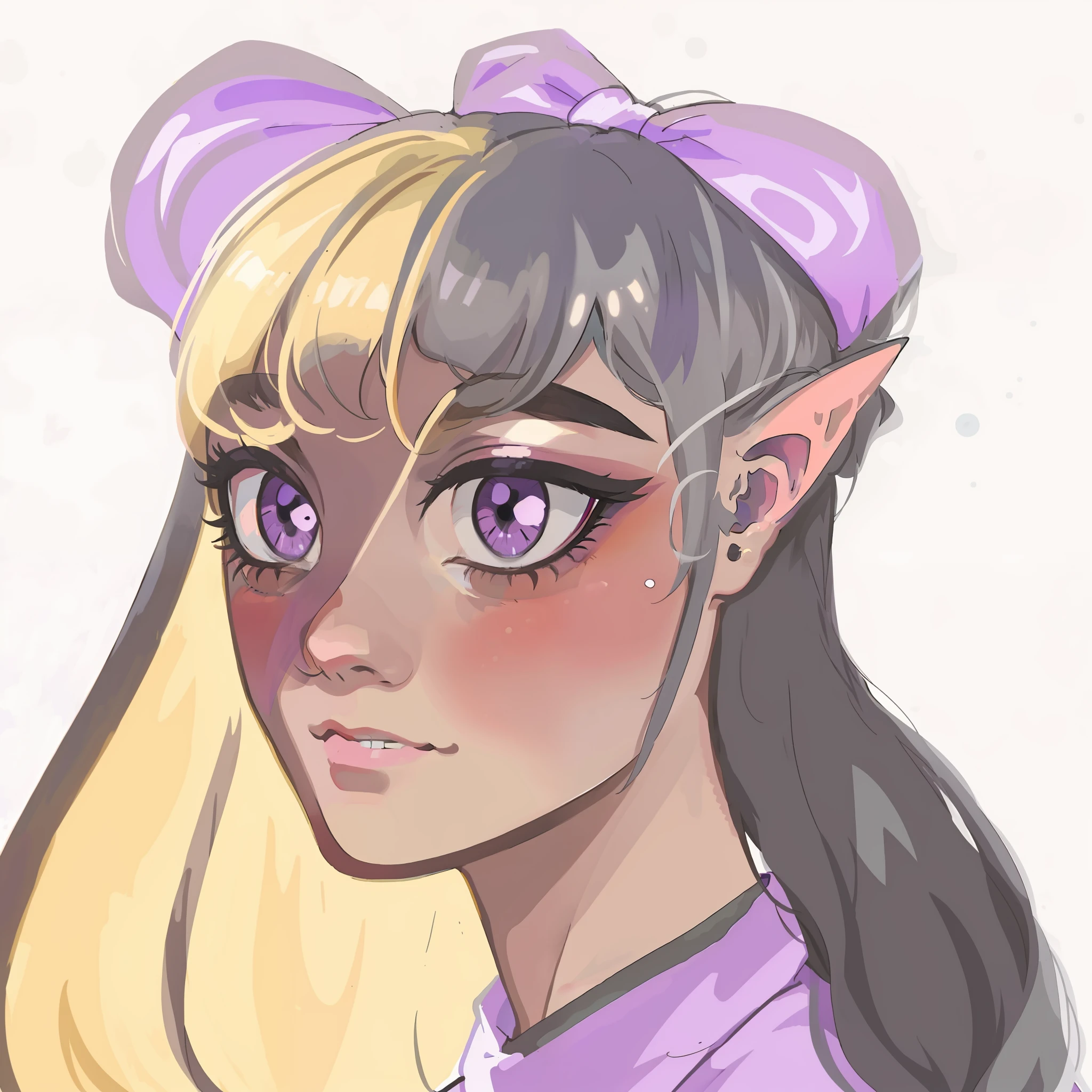 There is a drawing of a girl wearing a purple shirt and a purple bow, Ella tiene orejas de elfo y ojos dorados, Un retrato de un elfo, Retrato de un elfo, Dnd Retrato de un Tiefling, Orejas puntiagudas, pale, pointed ears, Orejas largas y puntiagudas, Retrato de un personaje DND, Mujer mitad elfa, Retrato de una reina elfa