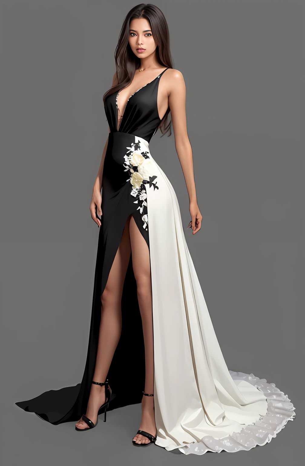 A woman in a black and white dress poses for a photo, sexy gown, elegant evening gowns!, dressed beautiful gown, Dressed in elegant dresses, extravagant dress, opened dress, flowinggown, long luxurious flowing gown, fantasy long intricate gown, floating dress, stunning and elegant, kaftan, flowing black gown, wearing evening gown, Elegant dress, sophisticated dress, Beautiful dress ・ Beautiful fine - face, hyper realistic digital painting,Yellow skin,Asian,Wheat complexion,The proportions of the facial features remain unchanged, Close-up of a woman with long hair and necklace, photorealistic beautiful face, flawless olive skin, hyperrealistic beautiful face, Realistic beautiful face, Beautiful realistic face, accurate ultra realistic faces, Attractive female face!!!, nivanh chanthara, beautiful and realistic face, Extremely beautiful face, Realistic digital painting, beautiful fine - face, hyper realistic digital painting,Yellow skin,Asian,Wheat complexion,The proportions of the facial features remain unchanged