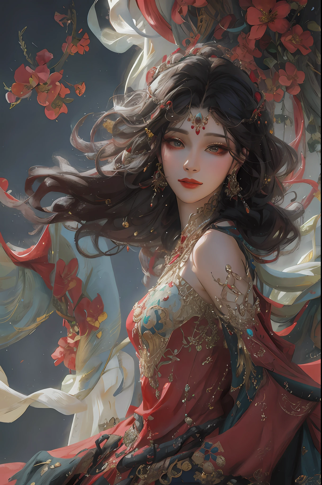 Wearing a red dress,Arad woman with red sickle and gold jewelry, intricate wlop, Inspired by WLOP, style of wlop, in style of wlop, Wlop style, Guviz-style artwork, Beautiful digital artwork, Fantasy art style, inspired by Yanjun Cheng, Phlegm phlegm art, Phlegm sputum, phlegm |
