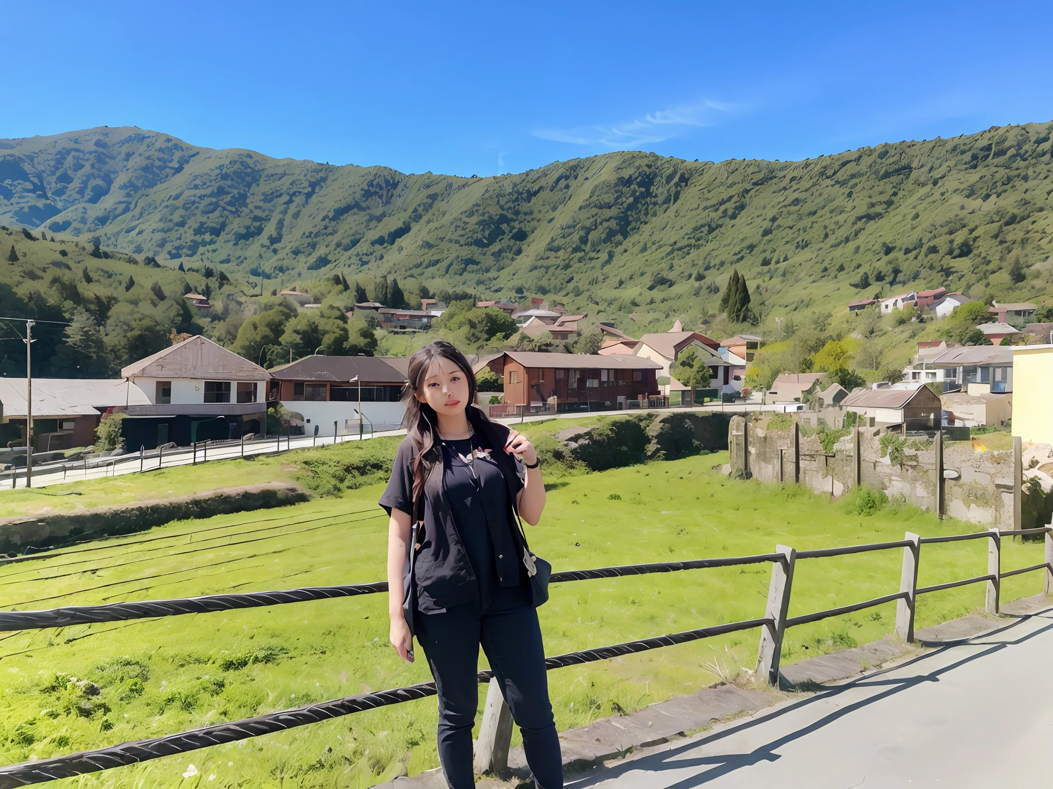 woman standing on a path in front of a fence with a view of a town, with mountains in the background, hills in the background, with mountains in background, by Nándor Katona, mountains in the background, town in the background, ruins in the background, with mountains as background, standing in front of a mountain, malika favre