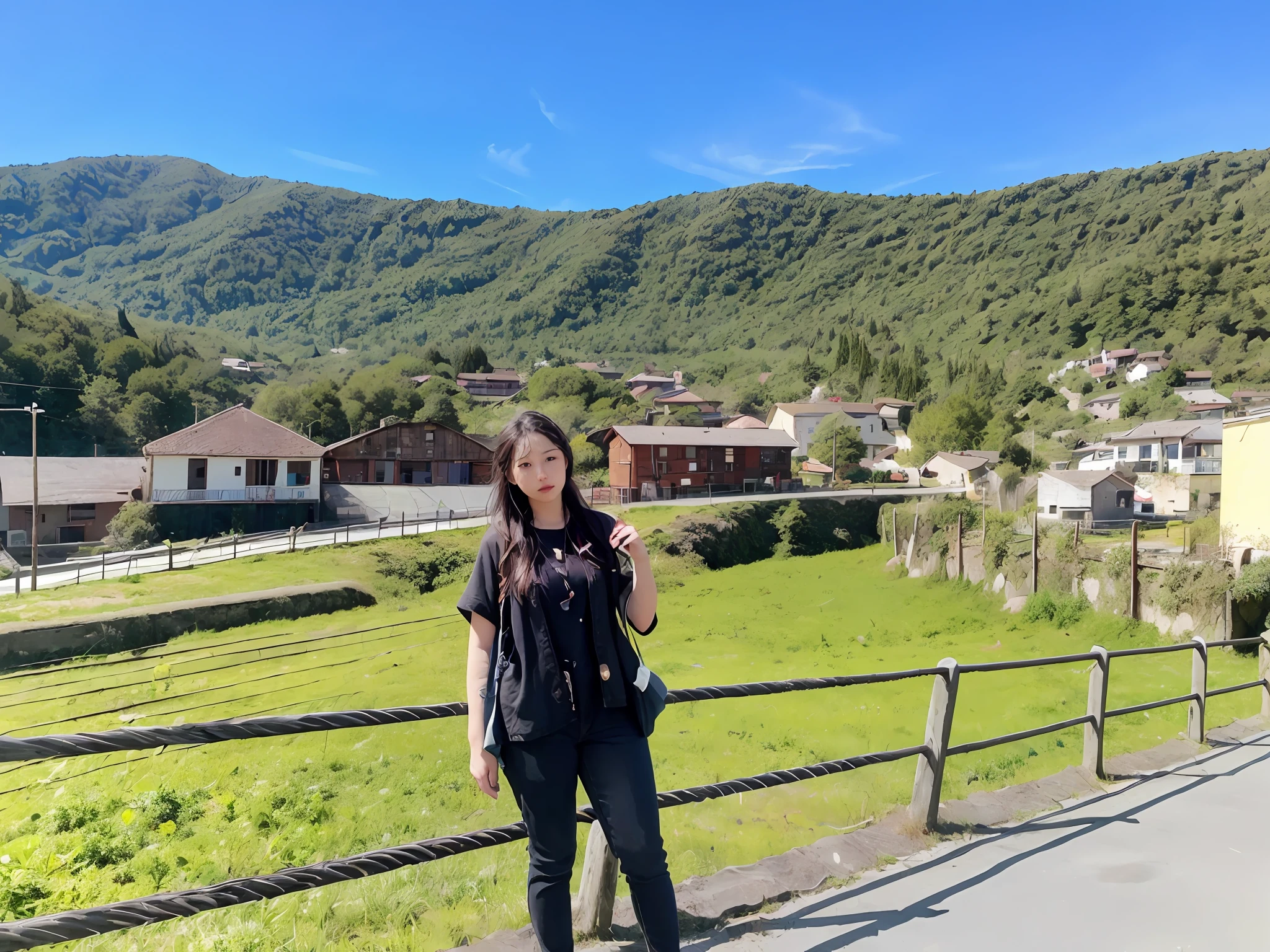 woman standing on a path in front of a fence with a view of a town, with mountains in the background, hills in the background, with mountains in background, by Nándor Katona, mountains in the background, town in the background, ruins in the background, with mountains as background, standing in front of a mountain, malika favre