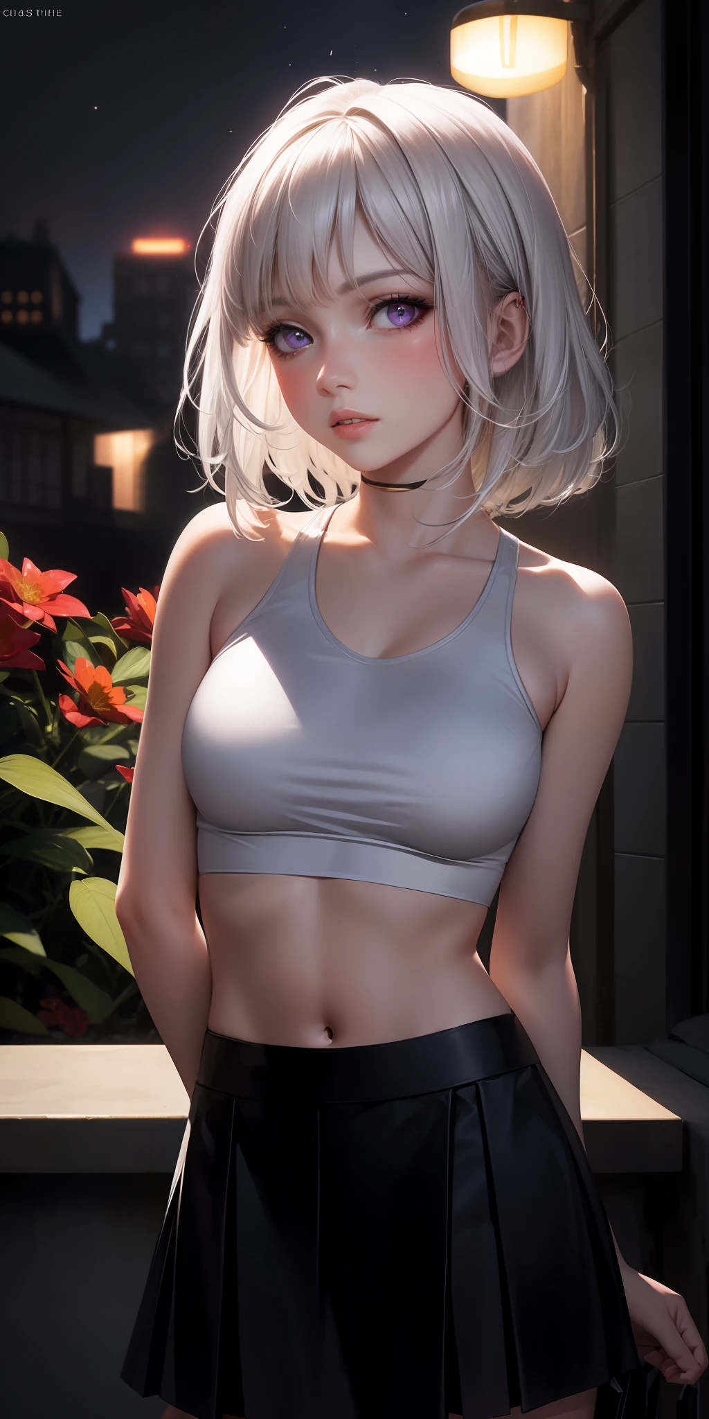 realistic, 1girl, white hair, purple eyes, glowing eyes, crop top, skirt, parted lips, blush, night, flowers, sun, sunlight,no clothes,, topless