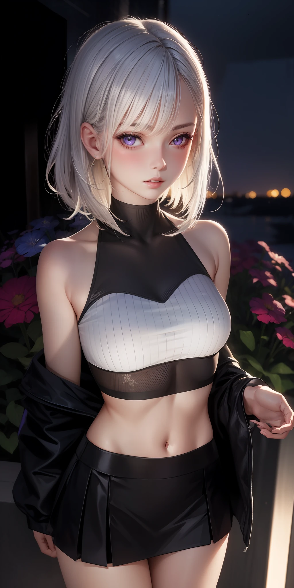 realistic, 1girl, white hair, purple eyes, glowing eyes, crop top, skirt, parted lips, blush, night, flowers, sun, sunlight,no clothes,, topless