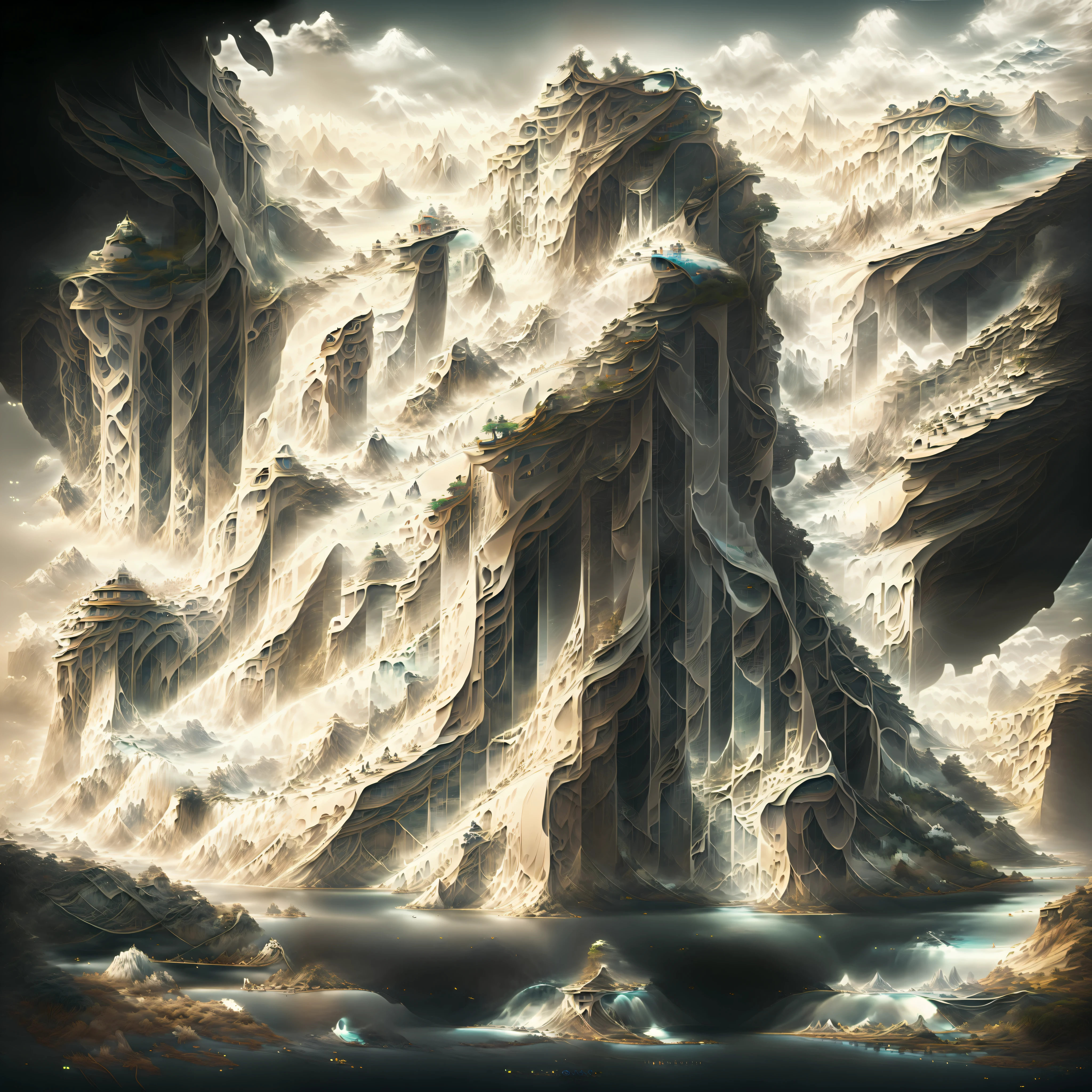 there is a digital painting of a mountain with a waterfall, symmetrical epic fantasy art, organic matte painting, most epic landscape, matte digital painting, illustration matte painting, surreal concept art, matte painting ”, matte painting”, dramatic concept art, epic fantasy digital art style, floating mountains, detailed fantasy digital art, dreamlike digital painting, fractal landscape, alien waterfall