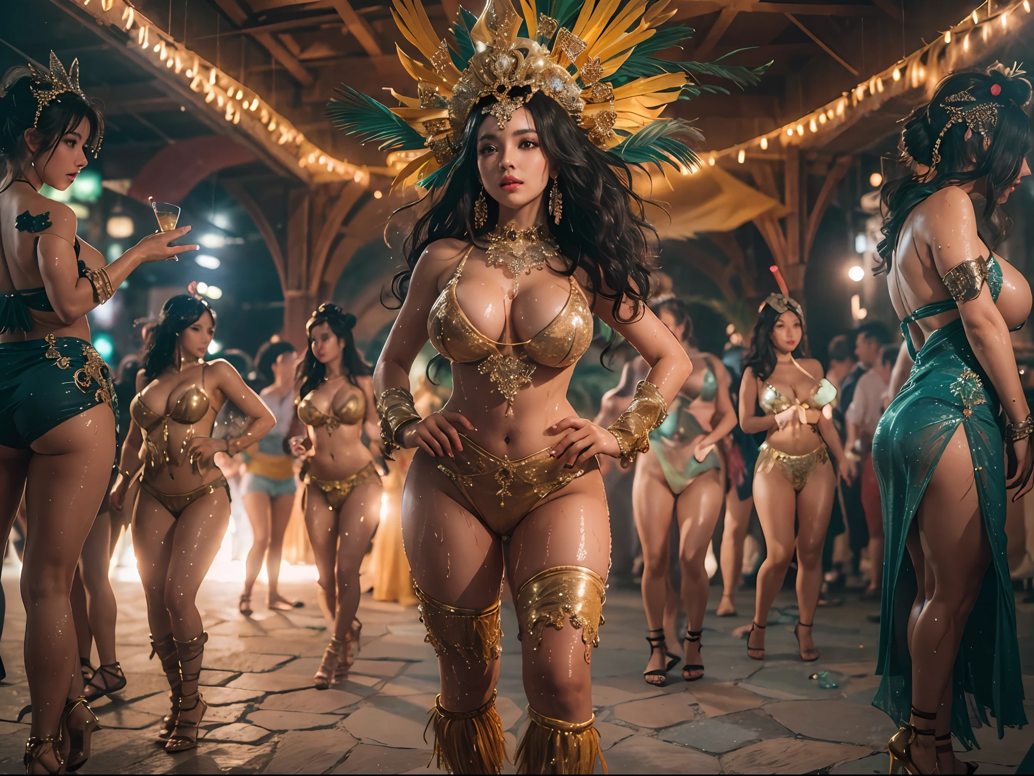 high-res, masterpiece, best quality, ((Hasselblad photography)), sharp focus, (cinematic lighting), soft lighting, dynamic angle, many women, samba dancer, mature female, (wearing samba dance dress:1.2), carnival, samba dress, finely detailed skin, extra long wavy black hair, highly detailed hair, high heels，huge breasts，large breasts，big boob，Burst breasts，Big breasts，Plump breasts，Expose breasts，bare breasts，Narrow waist，Bare ass，big ass，bare belly，bare navel，wet，wet body，sweating body，shiny skin，pubic hair，intricate details, ((cinematic light)),