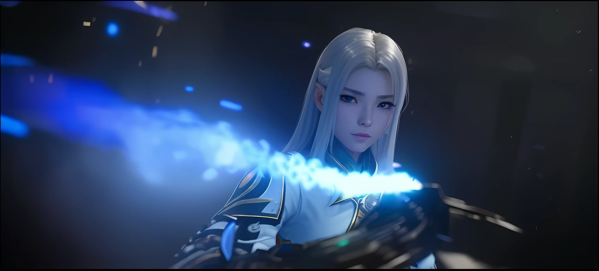 um close up de uma pessoa segurando um sabre de luz em um quarto escuro, Estilo Lineage 2 Revolution, da linhagem 2, Cinematic Shadowbringers, Tifa Lockhart com cabelos brancos, rossdraws volumetric lighting, iu lee ji-eun as a super villain, Jogo CG, epic 8 k hd anime shot, xianxia fantasia, xianxia hero