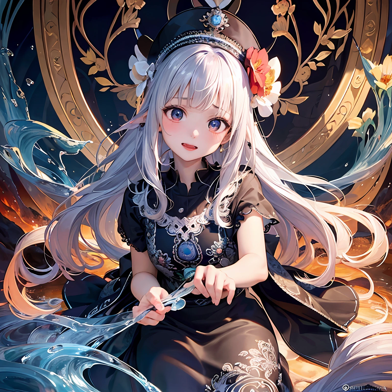 (extremely detailed CG unity 8k wallpaper, masterpiece, best quality, ultra-detailed), Mandala flowers full of mystery, Soft tentacles surround, FlowingWaterStreams, Scream happily, Cute  sister in dress, shyexpression, Wearing a cap