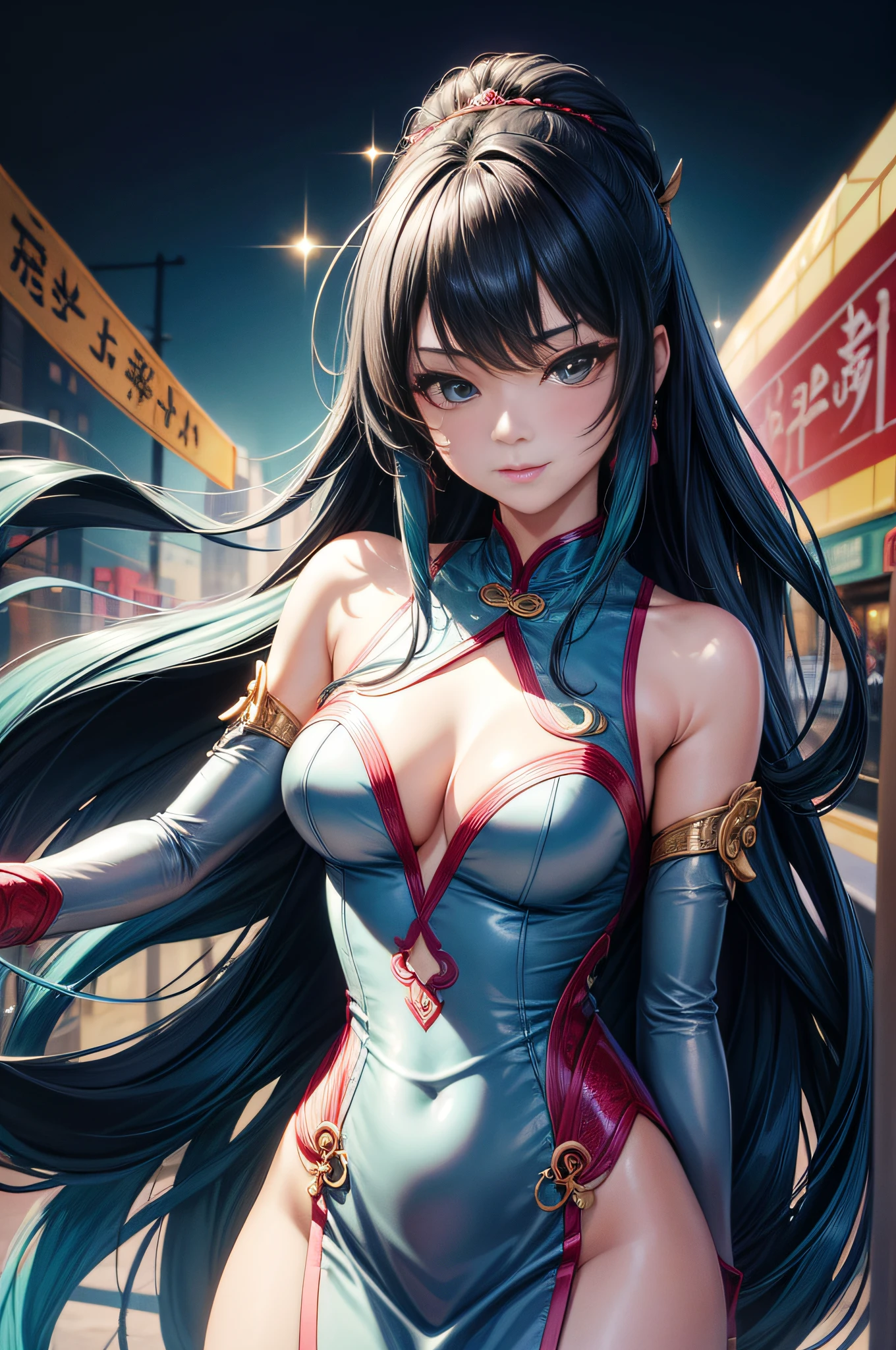 Very beautiful woman. She wears a cheongsam, The background is Chinatown, Very long hair, aqua eyes, lightsmile, Art deco, Glitter Effect, One-person viewpoint, Sony FE GM, nffsw, retinas, masutepiece, ccurate, Anatomically correct, Textured skin, Super Detail, high details, High quality, awardwinning, Best Quality, hight resolution, 1080p, hard disk, 4K, 8K, 16 K