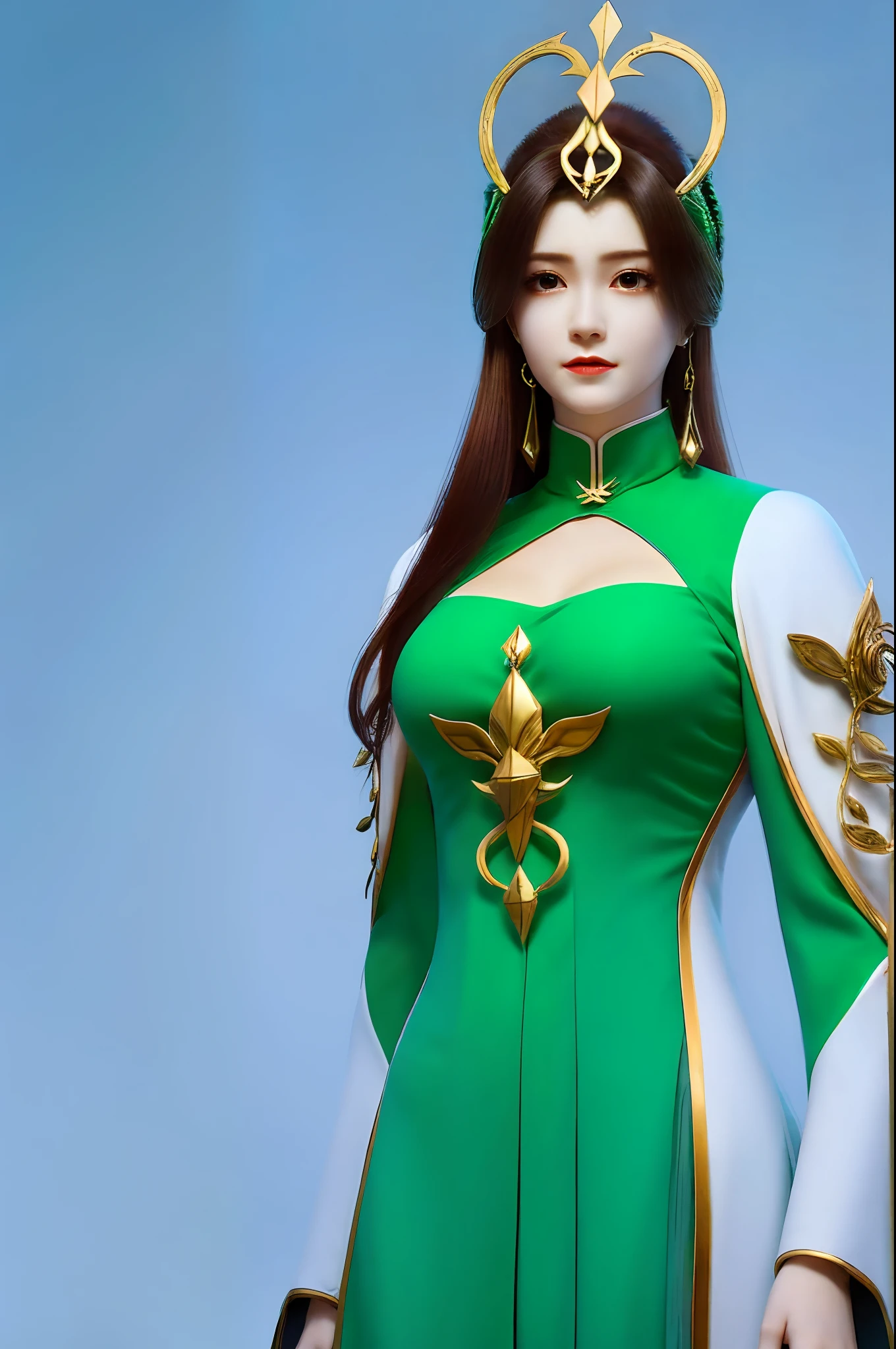 (Liu Shen),1girll,(tmasterpiece),(best qualtiy),(Hyper-detailing),(A high resolution),hoang lap,Ultra-realistic 4k CG,delicate patterns,Complicated details,best illuminate,Best shadow,Natural lighting,depth of fields,bblurry,1girll,独奏,mediating_Breasts,choker necklace,耳Nipple Ring,jewely,((brunette color hair:1.2)), 独奏, 耳Nipple Ring, long whitr hair, choker necklace,ssmile, hair adornments, shiny skins,(cowboy lens), (White chinese dress,green line,Floating hair), Full body photo,The background is a vast river of stars,cosmic starry sky