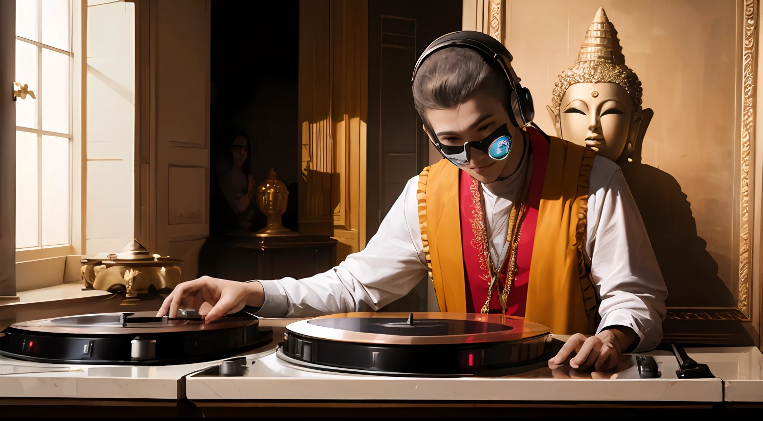 Buddha DJ next to a tantric priestess with tattoos and an ironman mask mixing music on a DJ turntable in a Hindu temple Ultra realistic photo --auto