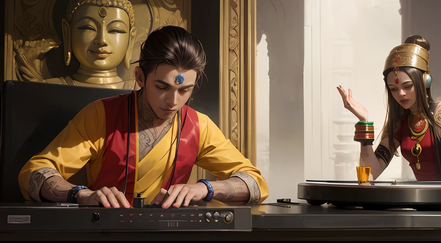 Buddha DJ next to a tantric priestess with tattoos and an ironman mask mixing music on a DJ turntable in a Hindu temple Ultra realistic photo --auto