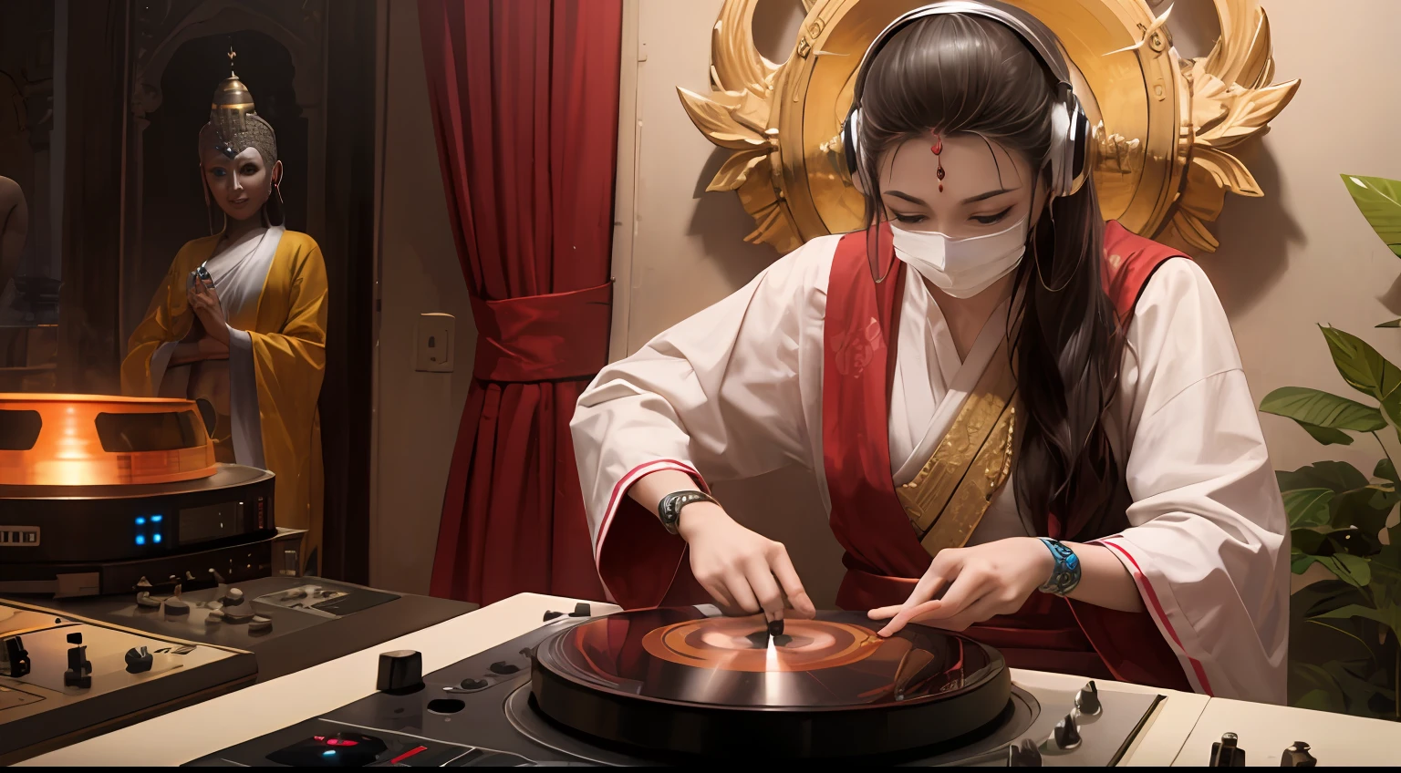 Buddha DJ next to a tantric priestess with tattoos and an ironman mask mixing music on a DJ turntable in a Hindu temple Ultra realistic photo --auto