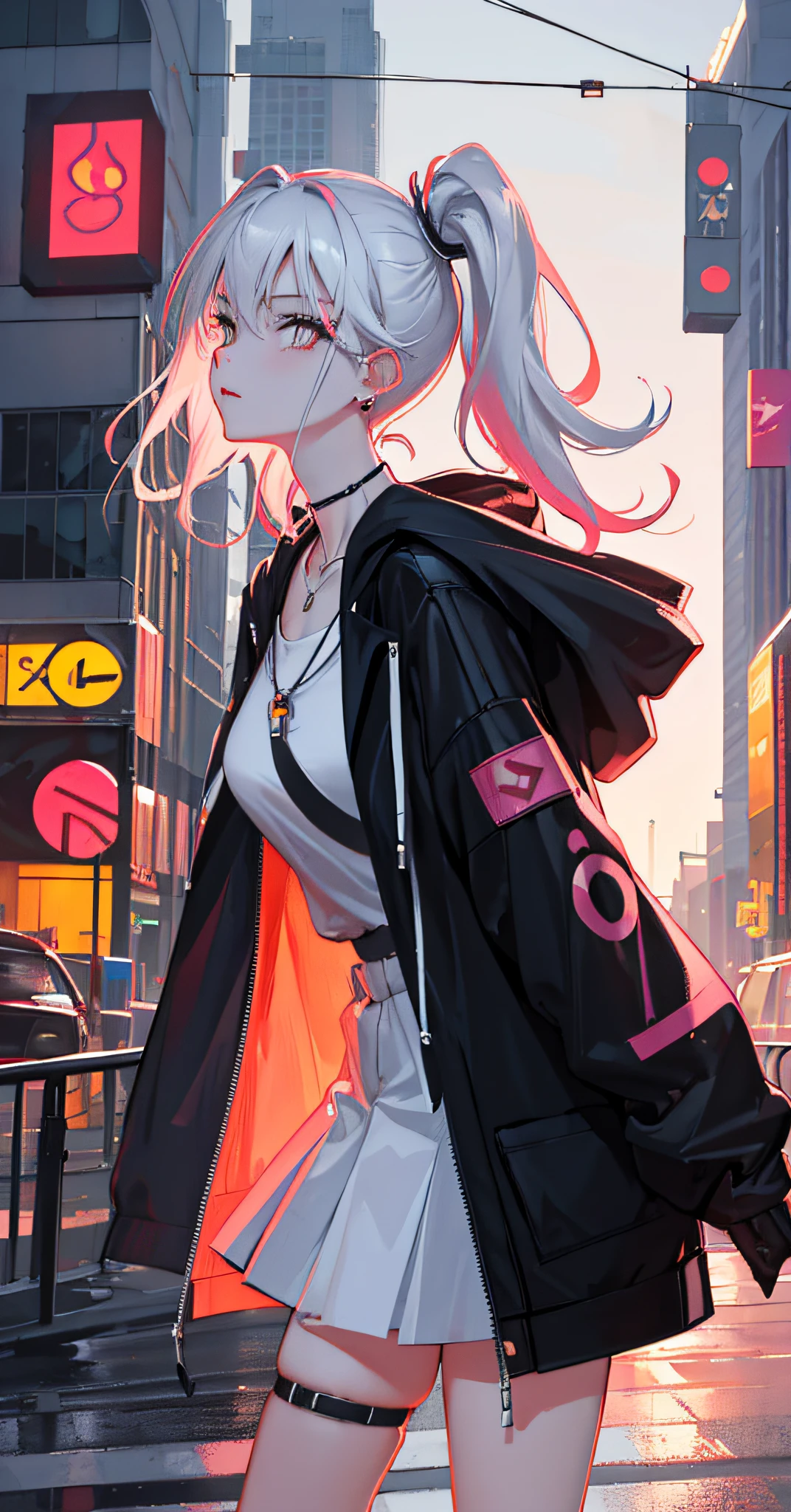 colorful hair,higher ponytails,detailed hair,messy hair,medium hair,(white eyes:1.33),shiny eyes,1 girl,bust,profile,in the rooftop,wide-angle shots,clothing,(colorful hoodie),(raincoat),handsome girl,plastic necklace,ruby necklace,round earring,Oxygen mask,neon mask,high saturation,Embrace her hands,cyberpunk skyscrapes,Neon LED advertisment Boards,road signs,perfectly realistic shadows,extemely detailed hair,absolutely perfect and beatiful face,extremely detailed hair,delicate clothing and girl,floating splash of ink,graffitis,breast equipment,sport girl,extremely highres,8K,wallpaper,(minimalism:1.23),White gloves,delicate leg。