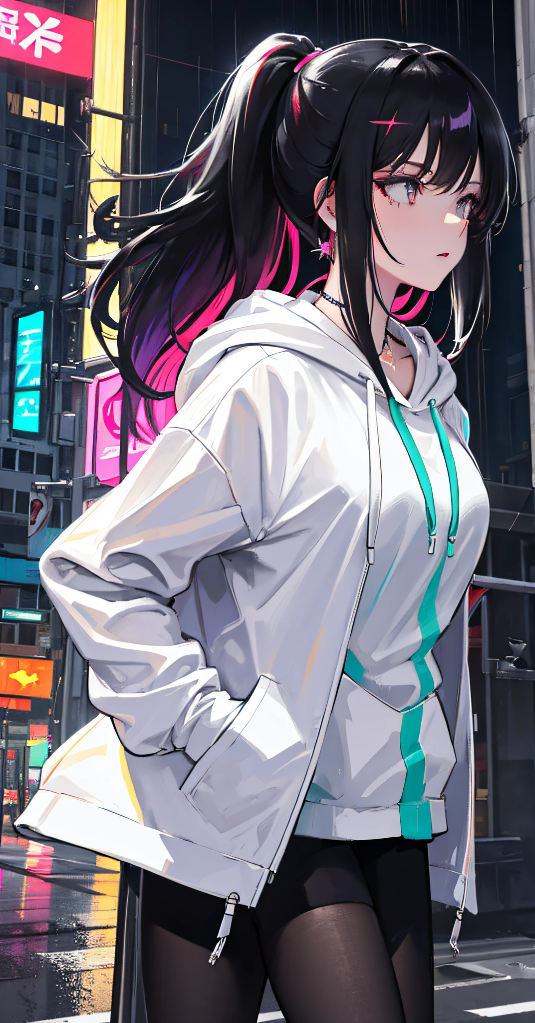 colorful hair,higher ponytails,detailed hair,messy hair,medium hair,(white eyes:1.33),shiny eyes,1 girl,bust,profile,in the rooftop,wide-angle shots,clothing,(colorful hoodie),(raincoat),handsome girl,plastic necklace,ruby necklace,round earring,Oxygen mask,neon mask,high saturation,Embrace her hands,cyberpunk skyscrapes,Neon LED advertisment Boards,road signs,perfectly realistic shadows,extemely detailed hair,absolutely perfect and beatiful face,extremely detailed hair,delicate clothing and girl,floating splash of ink,graffitis,breast equipment,sport girl,extremely highres,8K,wallpaper,(minimalism:1.23)，White gloves，delicate leg。