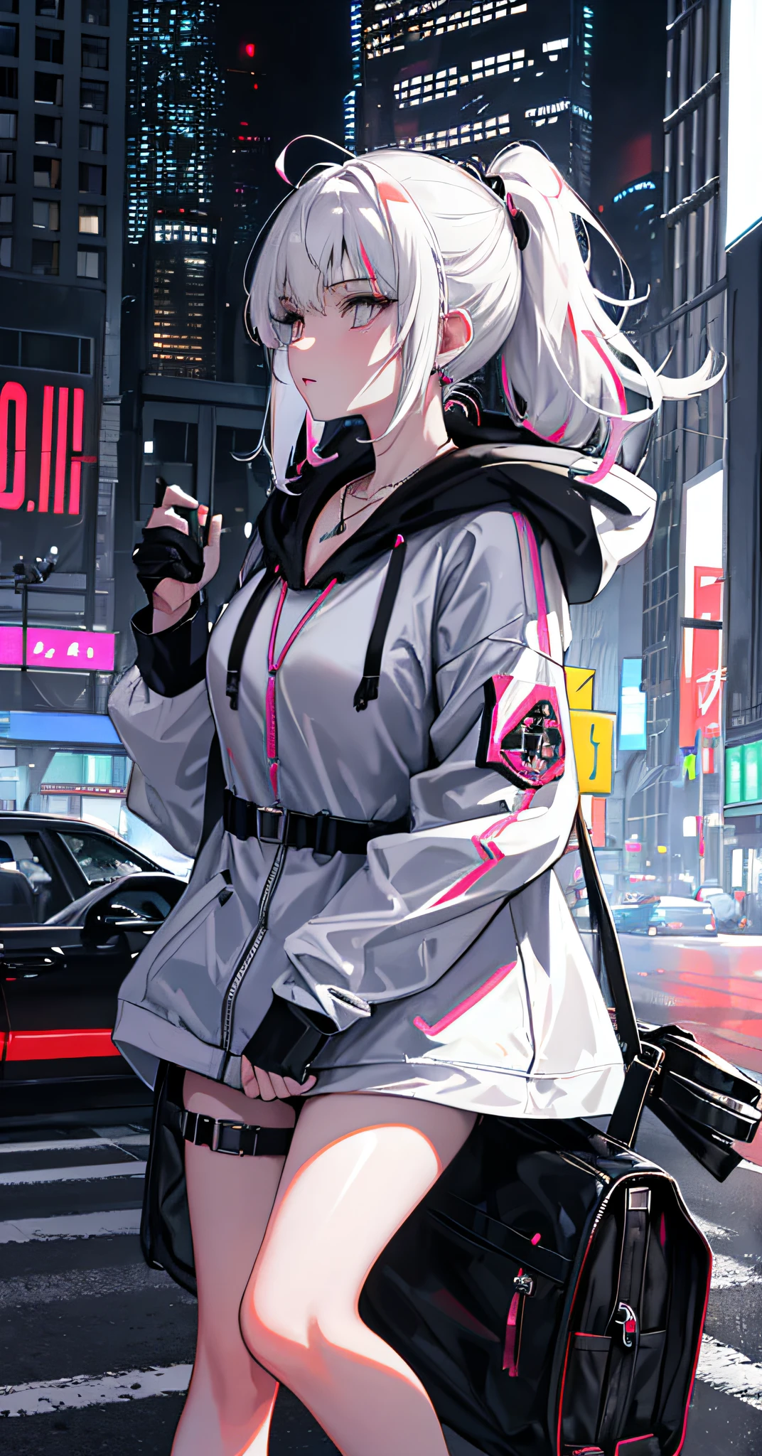 colorful hair,higher ponytails,detailed hair,messy hair,medium hair,(white eyes:1.33),shiny eyes,1 girl,bust,profile,in the rooftop,wide-angle shots,clothing,(colorful hoodie),(raincoat),handsome girl,plastic necklace,ruby necklace,round earring,Oxygen mask,neon mask,high saturation,Embrace her hands,cyberpunk skyscrapes,Neon LED advertisment Boards,road signs,perfectly realistic shadows,extemely detailed hair,absolutely perfect and beatiful face,extremely detailed hair,delicate clothing and girl,floating splash of ink,graffitis,breast equipment,sport girl,extremely highres,8K,wallpaper,(minimalism:1.23)，White gloves，delicate leg。