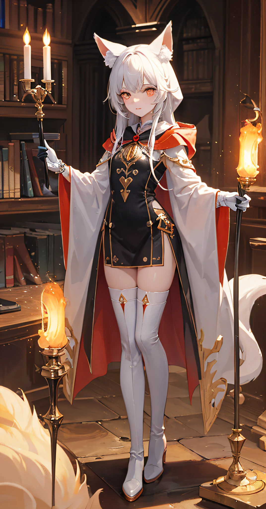 ((masterpiece)),((best quality)),(extremely detailed:1.2),CG,8k,solo,1girl,happy,highly detailed symmetrical faces,beautiful beautiful intricate eyes,neat figure,orange eyes,luminous pupils,white hair,fox ears,magician,(luminous mechanica core in the middle of the chest),detailed orange mage's robe with hood,robe with gold lace,(long mechanical magical staff:1.2),over-the-knee boots,(small mechanical devices on the robe:1.1),in the library,White gloves,delicate leg。