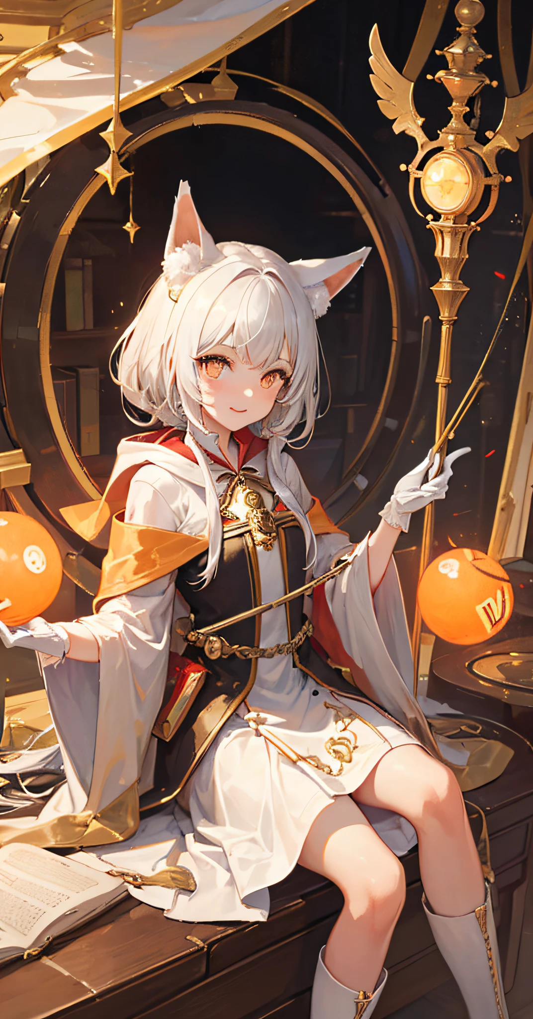 ((masterpiece)),((best quality)),(extremely detailed:1.2),CG,8k,solo,1girl,happy,highly detailed symmetrical faces,beautiful beautiful intricate eyes,neat figure,orange eyes,luminous pupils,white hair,fox ears,magician,(luminous mechanica core in the middle of the chest),detailed orange mage's robe with hood,robe with gold lace,(long mechanical magical staff:1.2),over-the-knee boots,(small mechanical devices on the robe:1.1),in the library,White gloves,delicate leg。