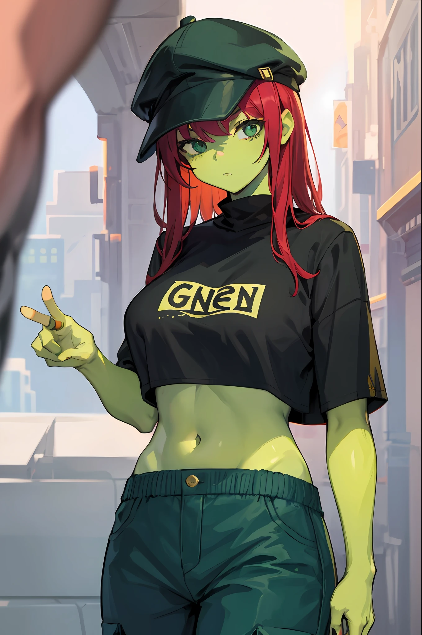 Girl with green skin,Wearing cropped pants,redheadwear,