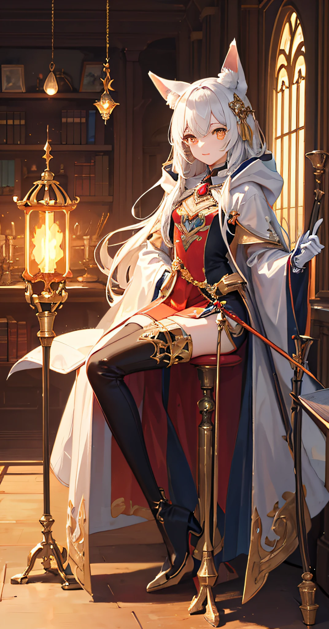 ((masterpiece)),((best quality)),(extremely detailed:1.2),CG,8k,solo,1girl,happy,highly detailed symmetrical faces,beautiful beautiful intricate eyes,neat figure,orange eyes,luminous pupils,white hair,fox ears,magician,(luminous mechanica core in the middle of the chest),detailed orange mage's robe with hood,robe with gold lace,(long mechanical magical staff:1.2),over-the-knee boots,(small mechanical devices on the robe:1.1),in the library,White gloves,delicate leg。