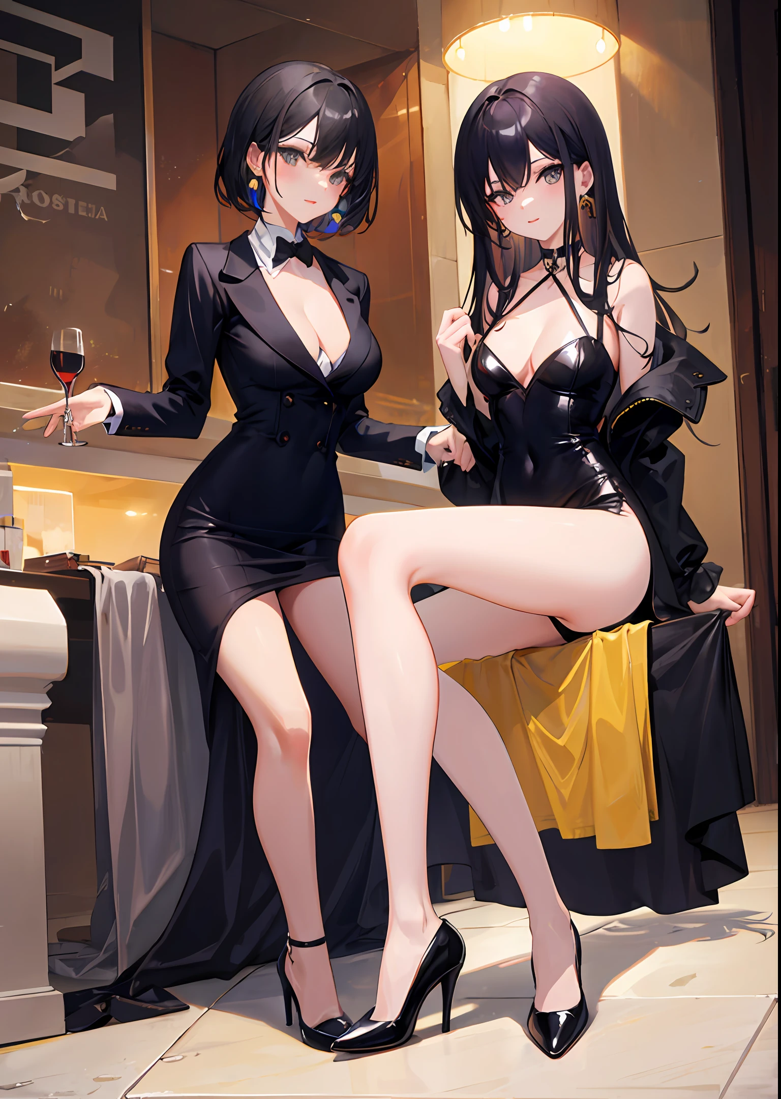 Beautuful Women，Black long straight，Professional Dress，high-heels，Raised sexy