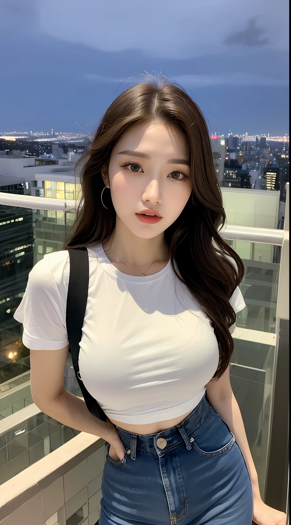 ((Midnight, Best quality, 8k, Masterpiece :1.3)), Whole body, Long legs, Sharp focus :1.2, A pretty woman with perfect figure :1.4, Slender abs :1.1, ((Dark brown hair, huge breasts :1.2)), (White tight tshirt, Jean bib, Standing:1.2), ((Night city view, Rooftop:1.3)), Highly detailed face and skin texture, Detailed eyes, Double eyelid