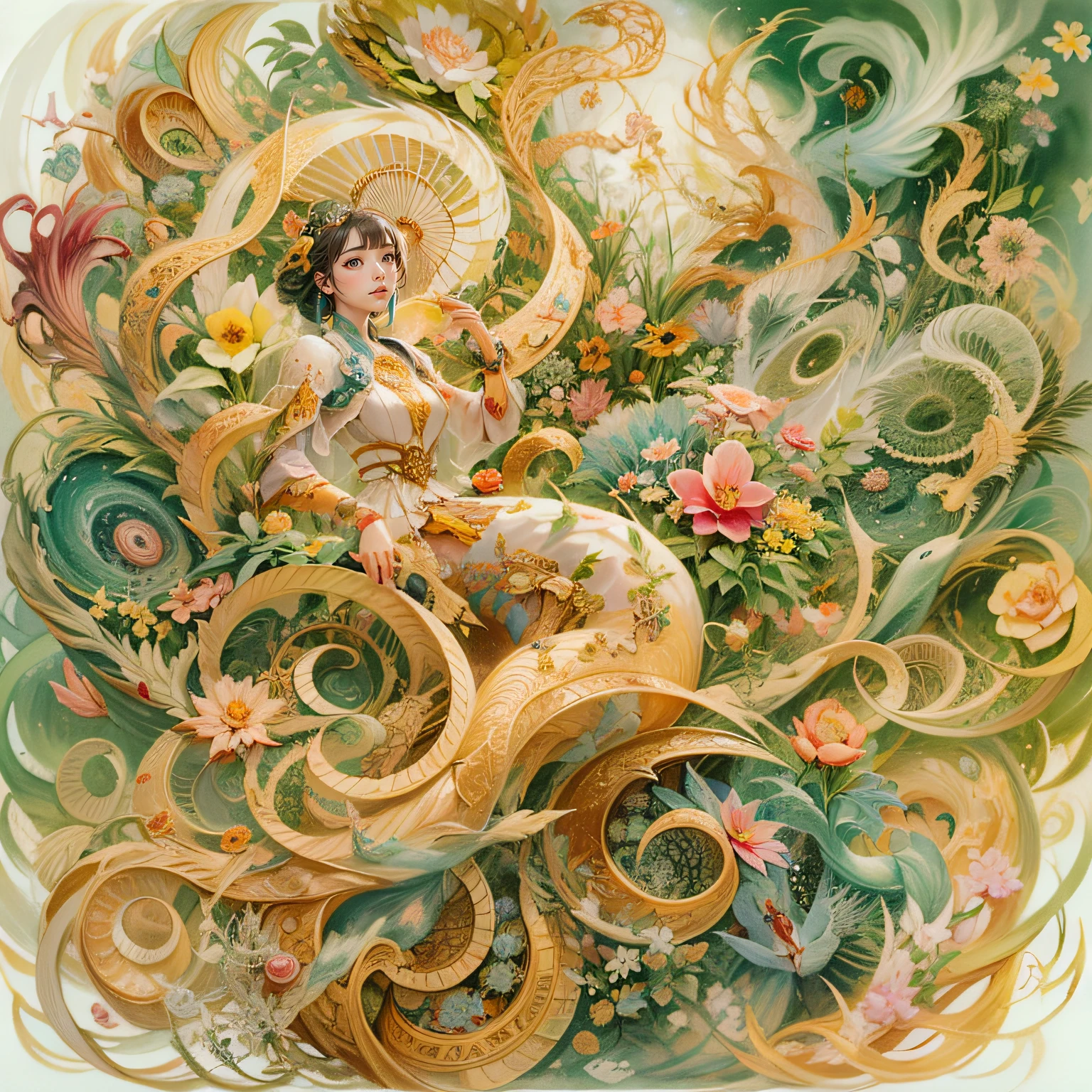 奈良美智、Painting, watercolor paiting,5 colors、(reddish、Viola、pink there、amarelo、verdant)、spirals,foam, fantasy creature, Best Quality, masutepiece, 超A high resolution, Intricate details, illustratio