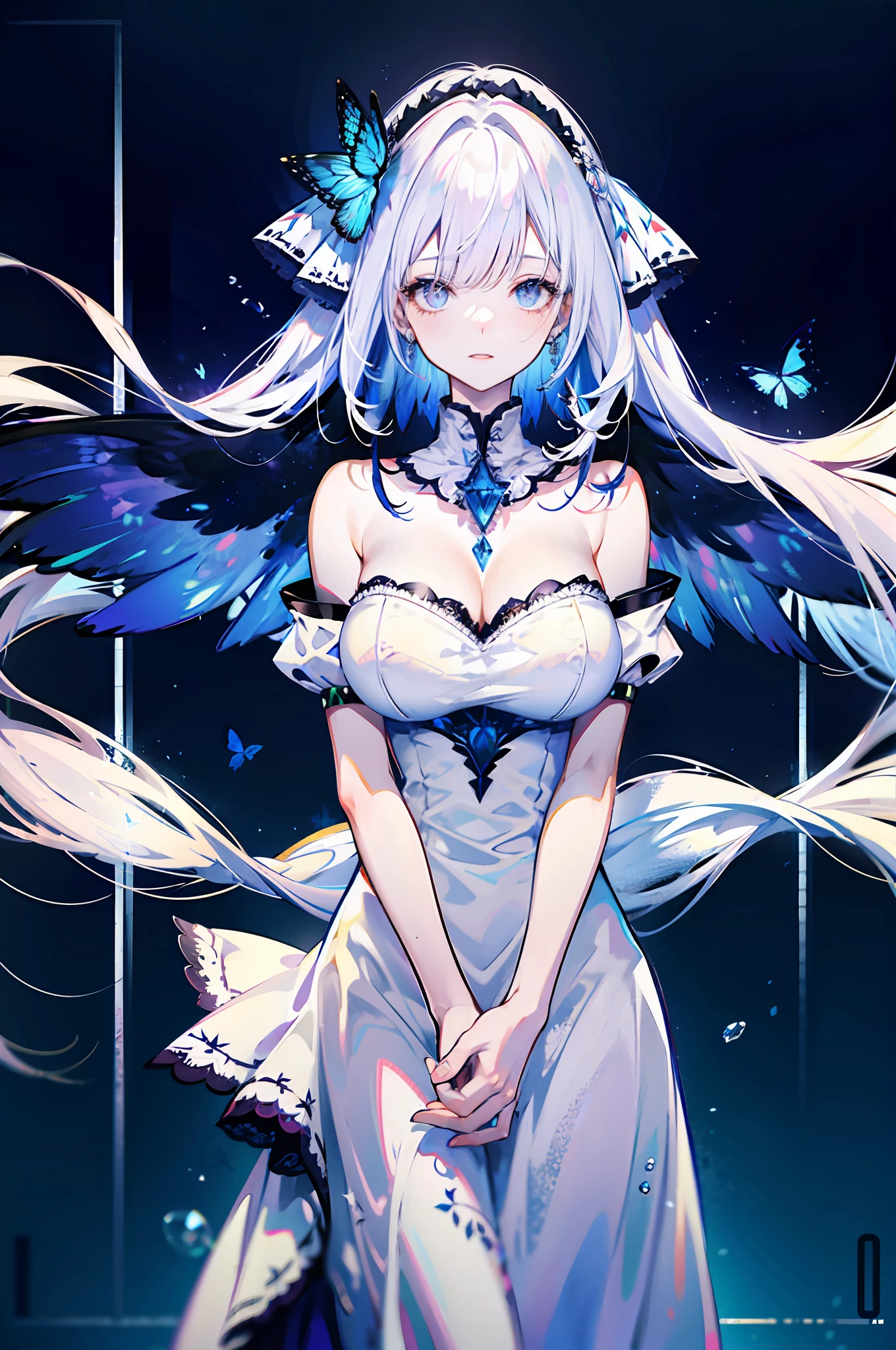 silber hair,butterflys,silber hair,long whitr hair,white wedding gown,Eyes of different colors,8k wallpaper,detailedbackground,HighestQuali,deep v big breasts,