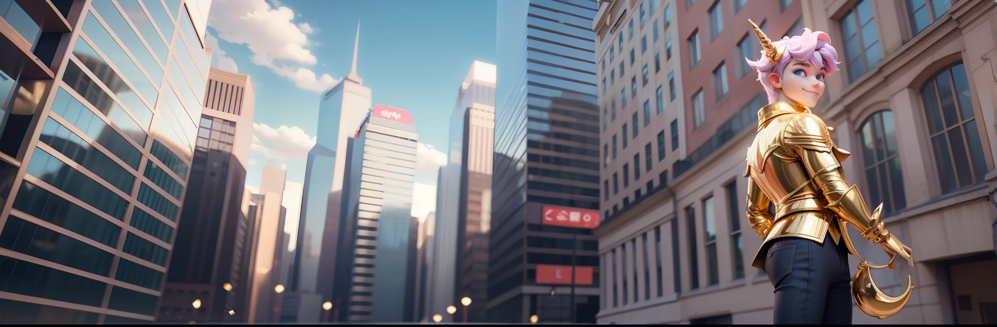 unicorn boy, smart, rich, happy, city, golden, masterpiece, 3dmm style, look at viewer